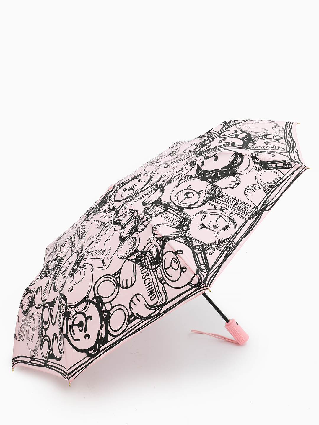 Розовый зонт-автомат mini с изображением чёрно-белых мишек от MOSCHINO