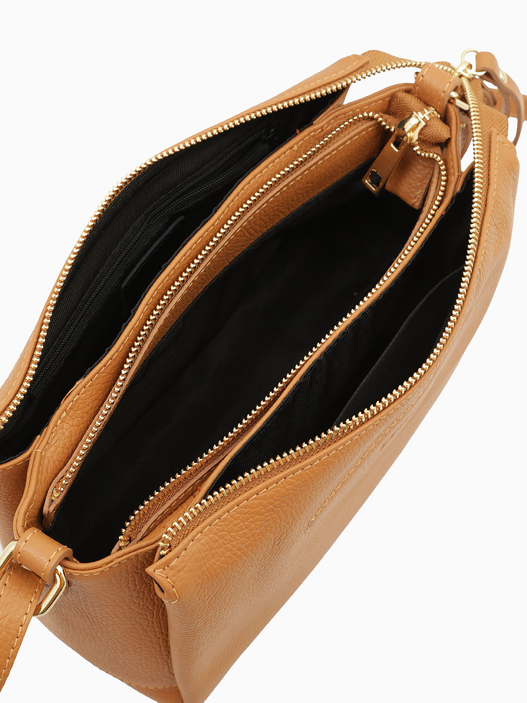 Кросс-боди с тремя отделениями и длинными пуллерами от FOLLE из кожи рыжего цвета