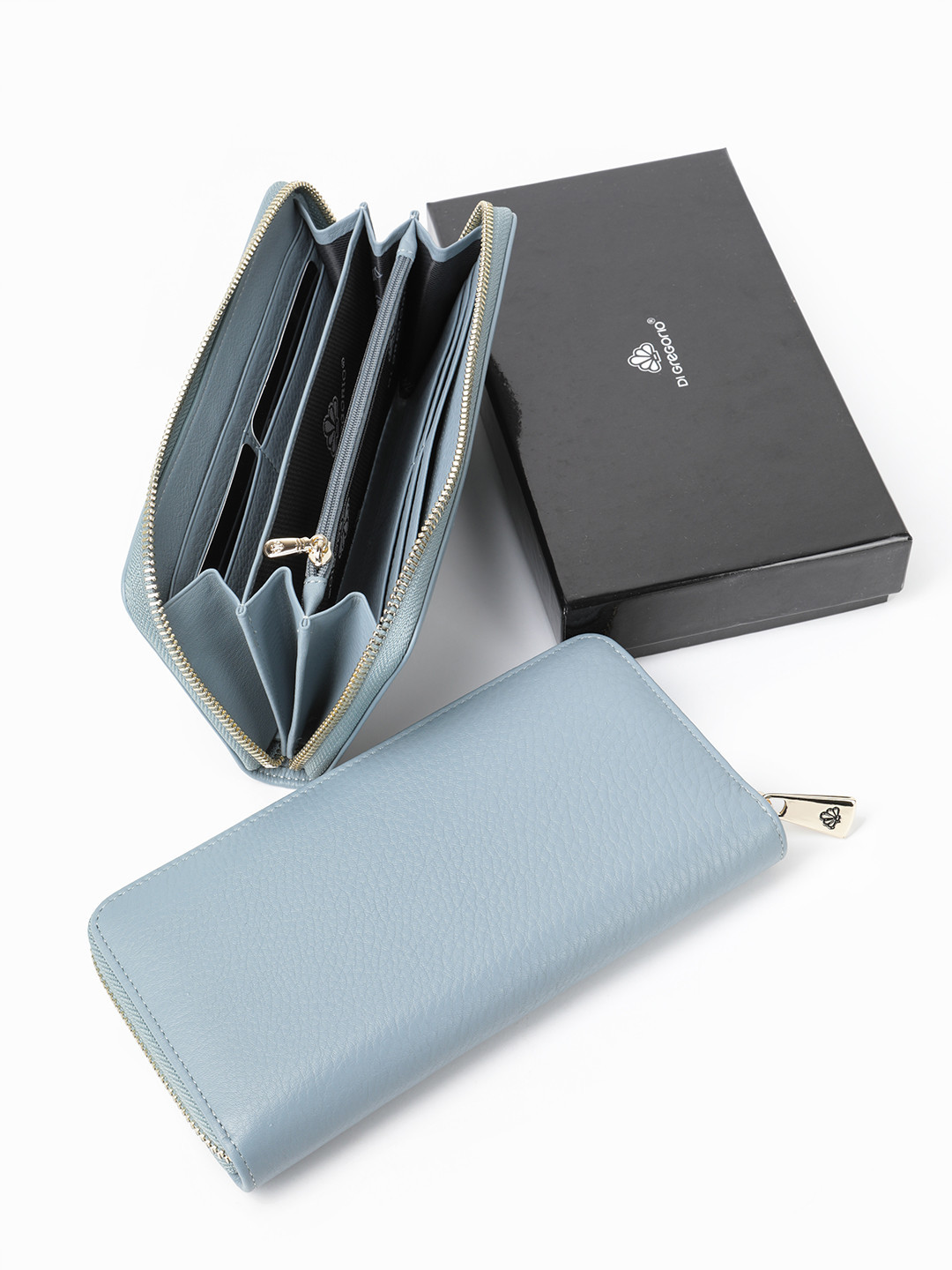 Прямоугольный кошелёк из натуральной кожи голубого цвета от Di Gregorio