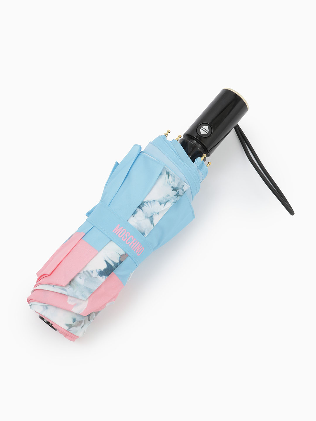 Зонт-автомат мини розового цвета с изображением гуся в белых цветах от MOSCHINO