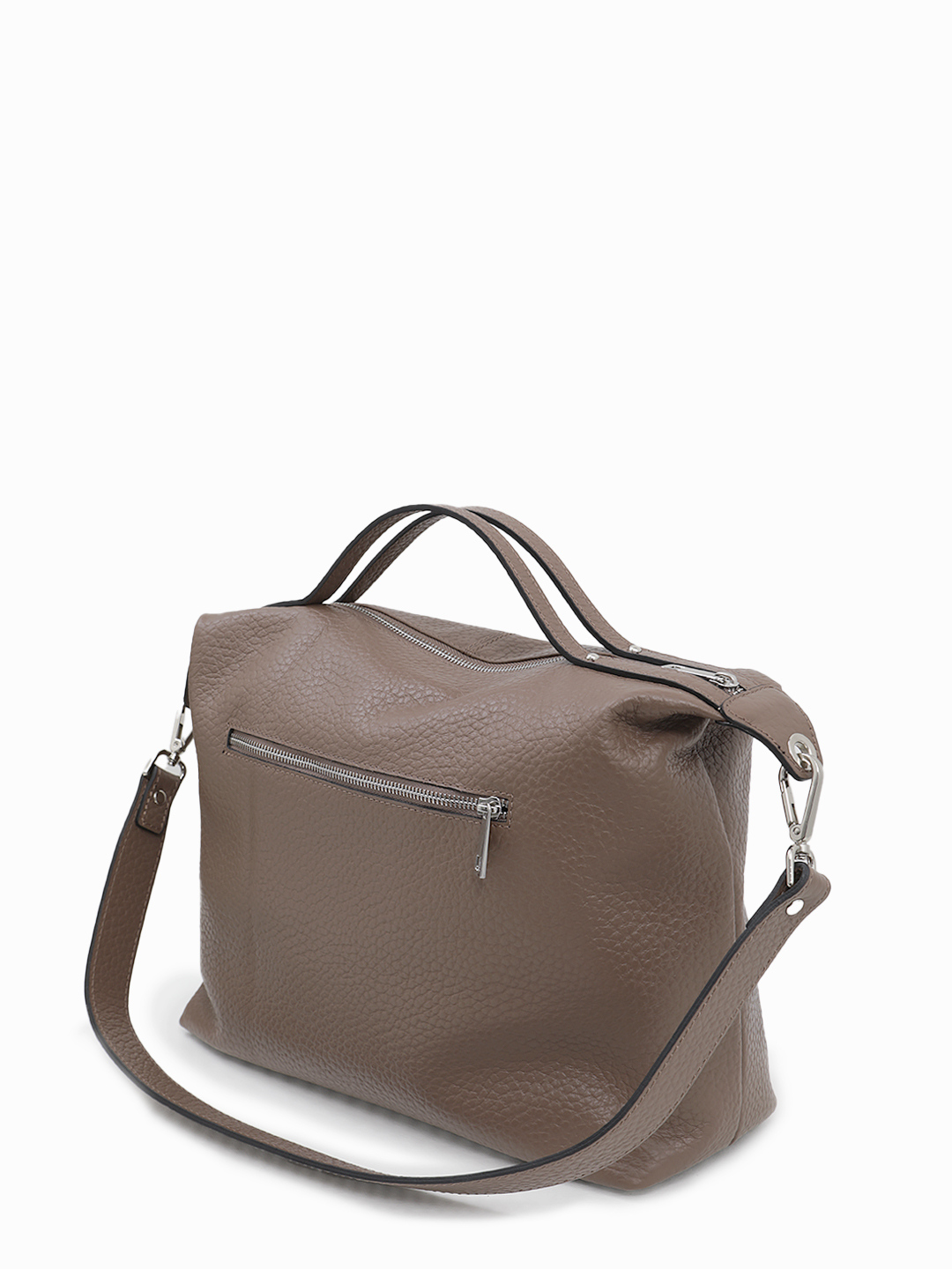 Сэтчел из натуральной крупнозернистой кожи с серебристой фурнитурой от FOLLE цвета тауп 