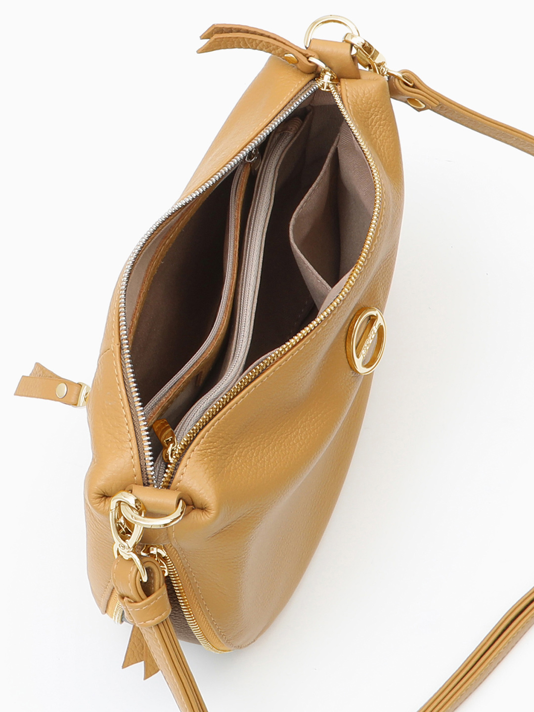 Кросс-боди на плечо с металлическим логотипом FOLLE в горчичном оттенке с шоколадной отделкой