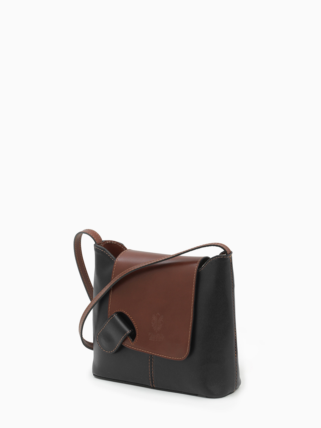 Кросс-боди с контрастными коричневыми вставками от FOLLE из натуральной кожи vacchetta чёрного цвета
