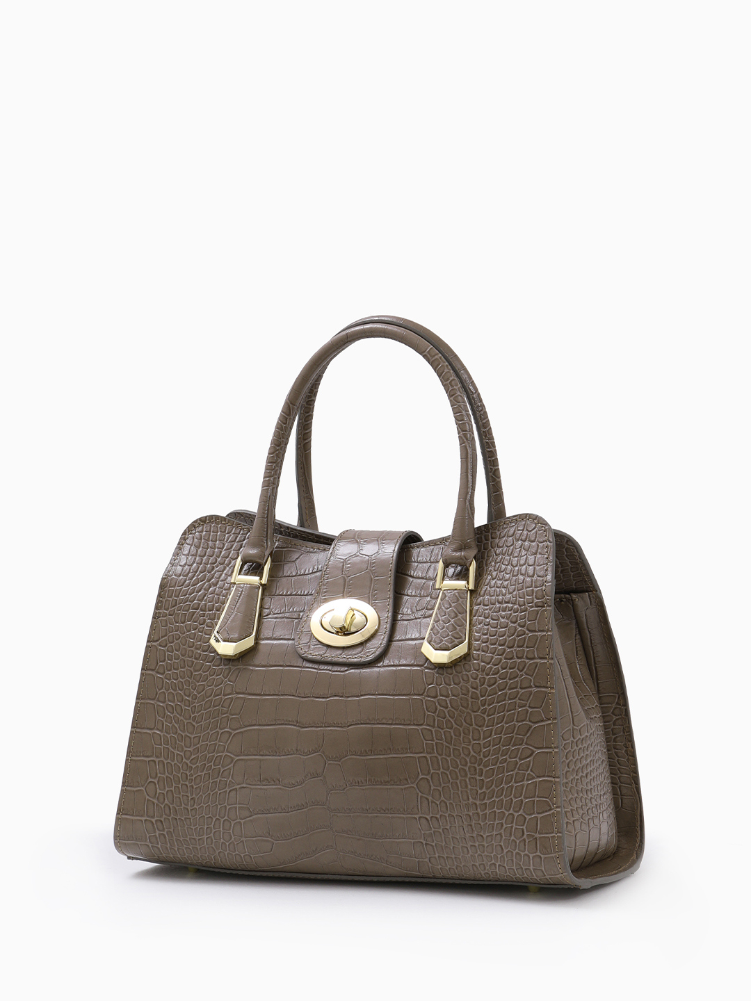 Сумка-тоут с поворотной золотистой фурнитурой в коже под крокодила от FOLLE в цвете тауп
