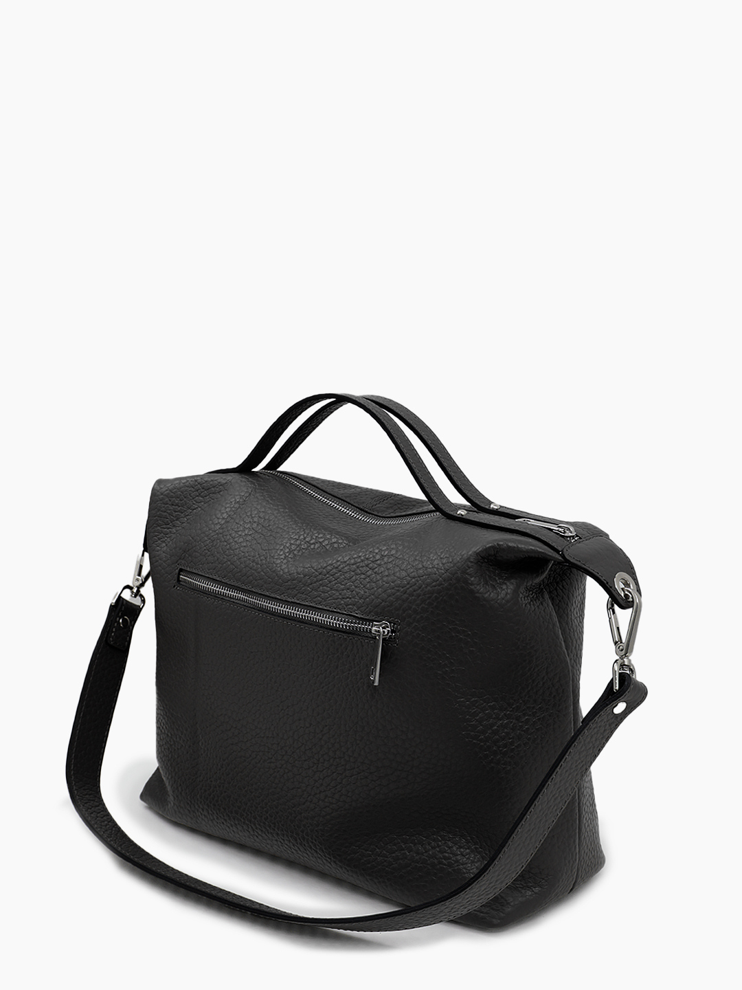 Сэтчел из натуральной крупнозернистой кожи с серебристой фурнитурой от FOLLE чёрного цвета