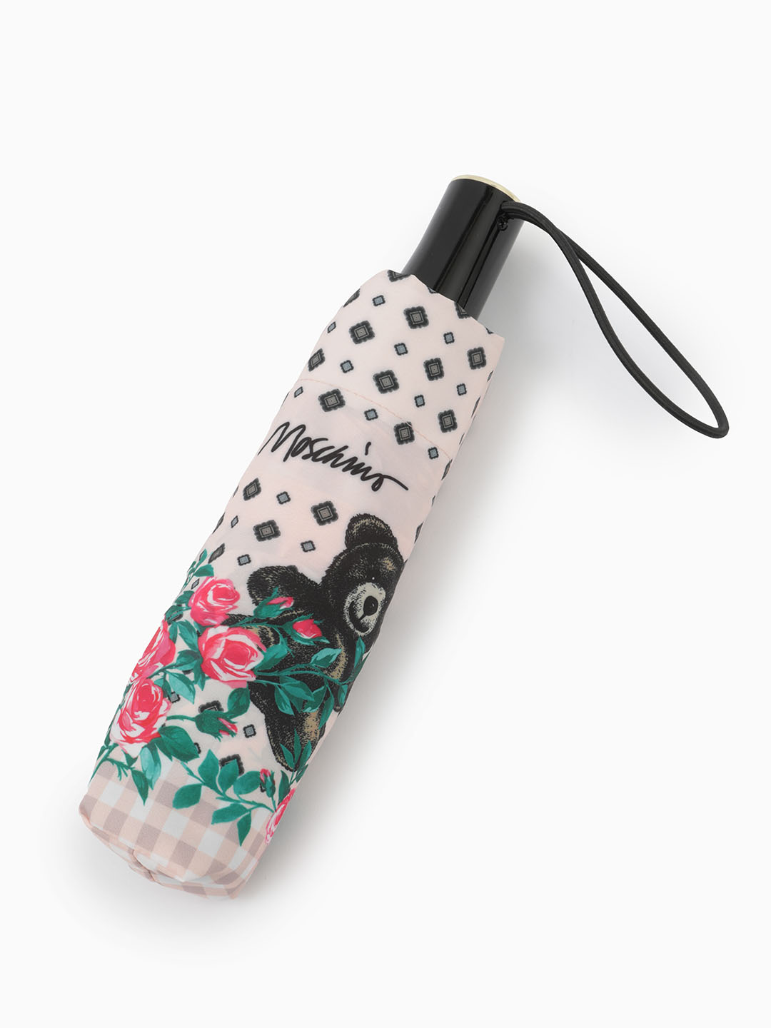 Зонт-автомат мини бежевого цвета c мишкой и розами от MOSCHINO