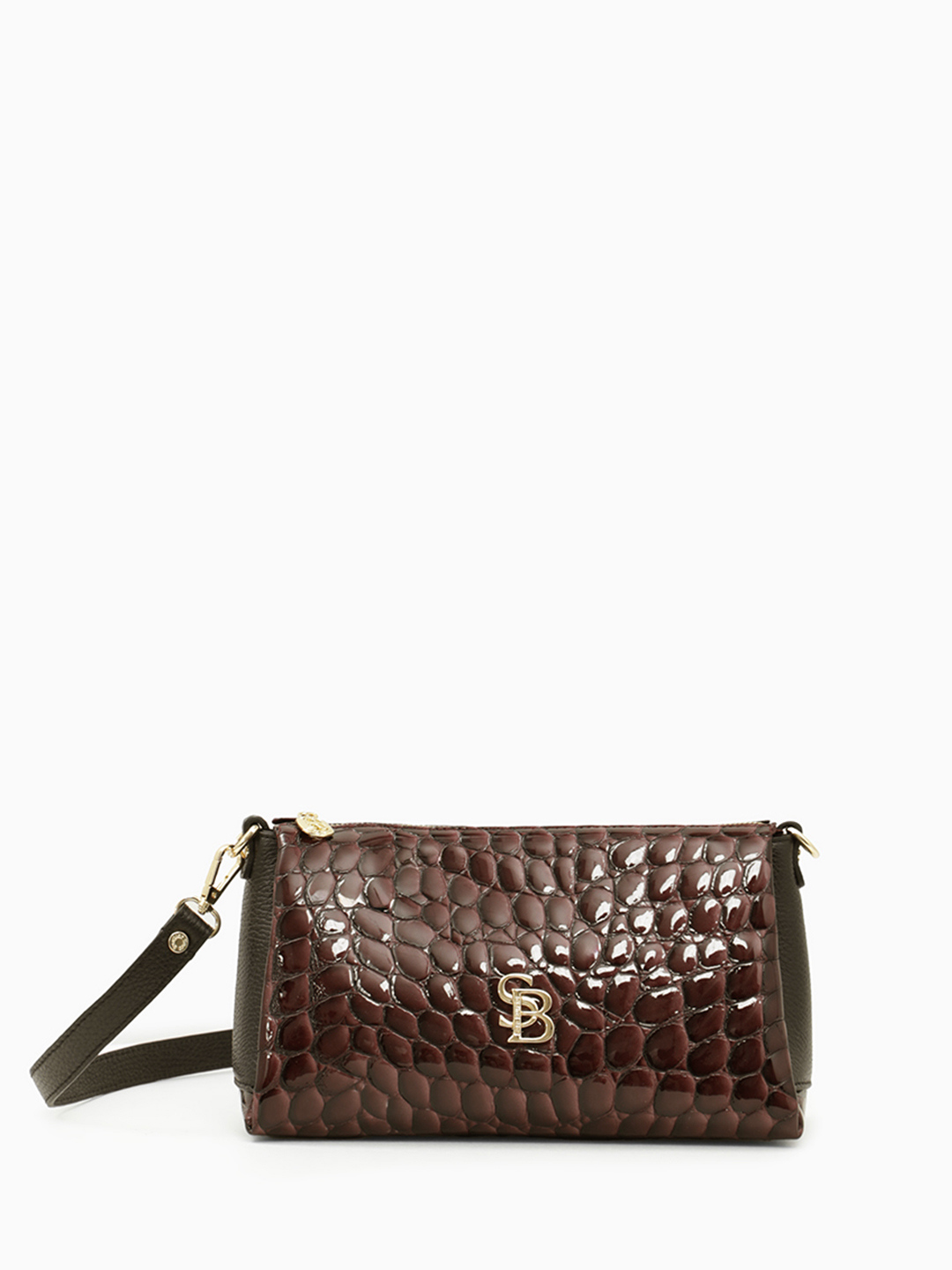 Кросс-боди из натуральной лаковой кожи под рептилию с металлическим логотипом Sara Burglar в коричневом цвете