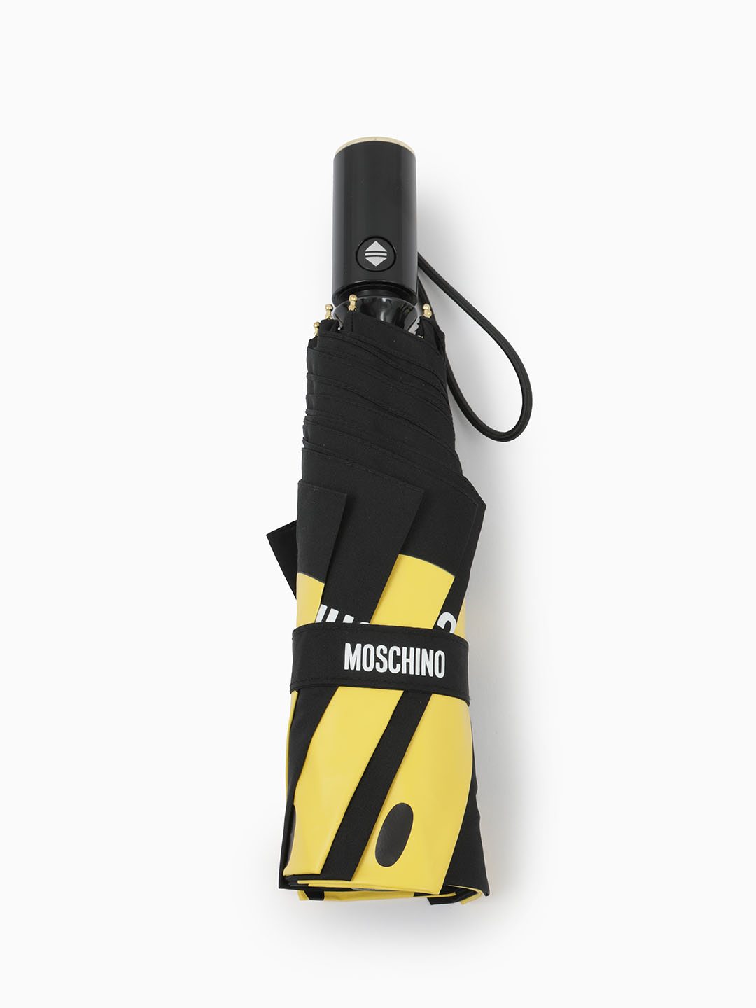 Зонт-автомат мини чёрного цвета с изображением жёлтых смайлов от MOSCHINO