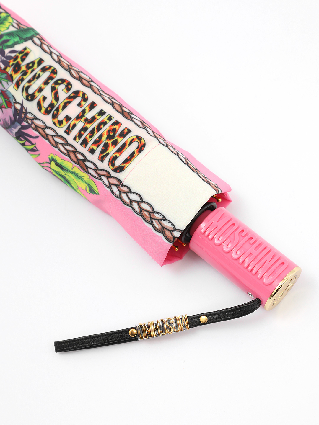 Зонт-автомат mini с ярким принтом с леопардом от MOSCHINO в розовом оттенке