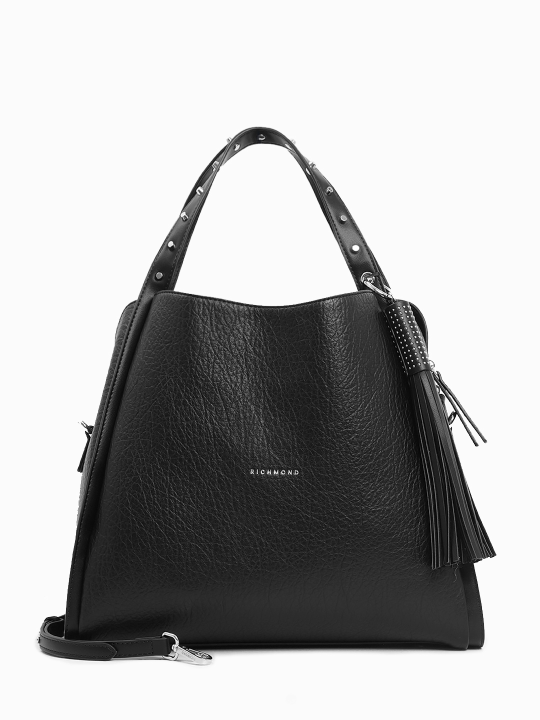 Чёрная сумка с шипами на ручке и пуллером-кисточкой от John Richmond