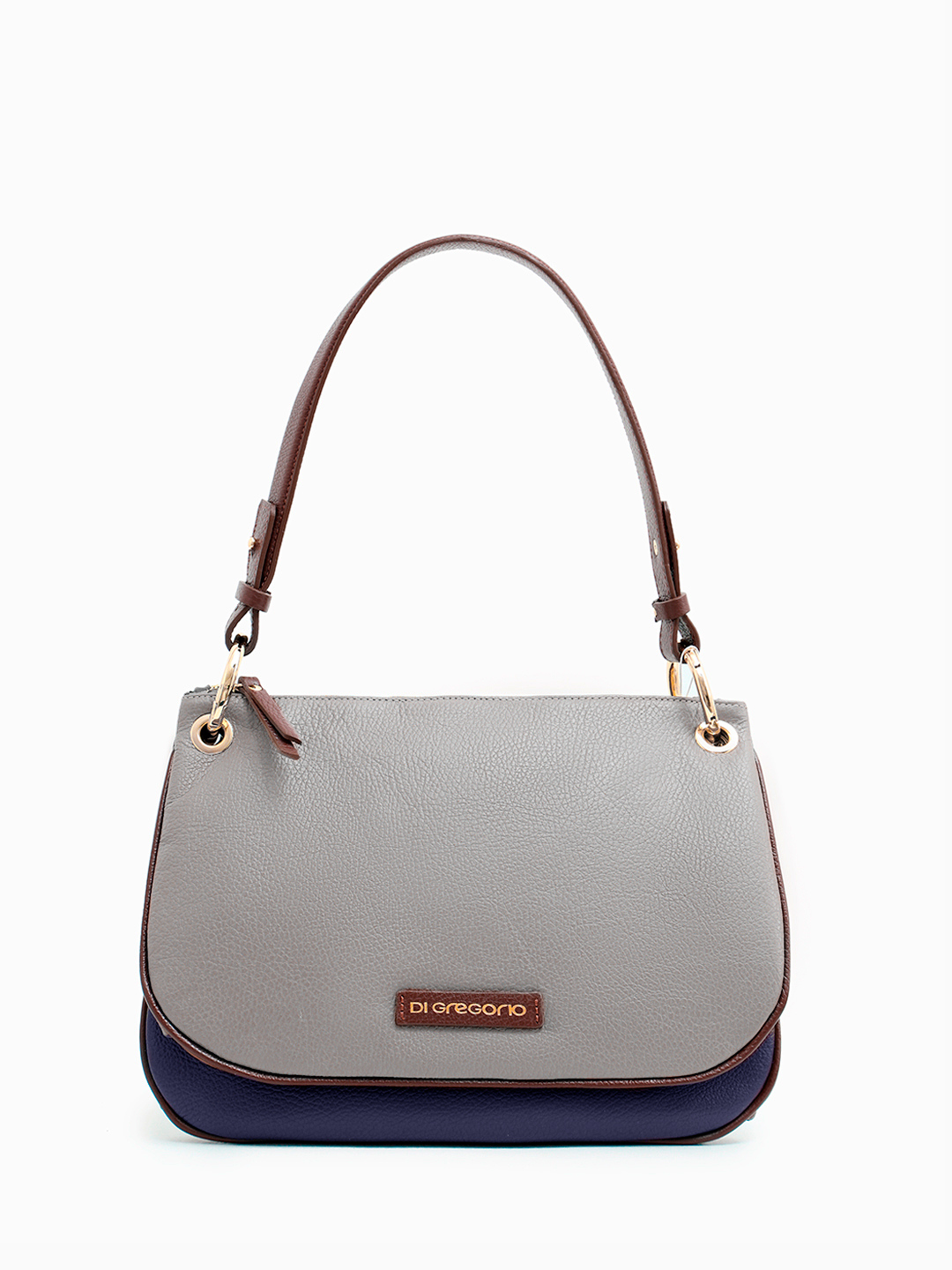 Двойная сумка на плечо с брендовым патчем Di Gregorio в сочетании василькового и серого оттенков