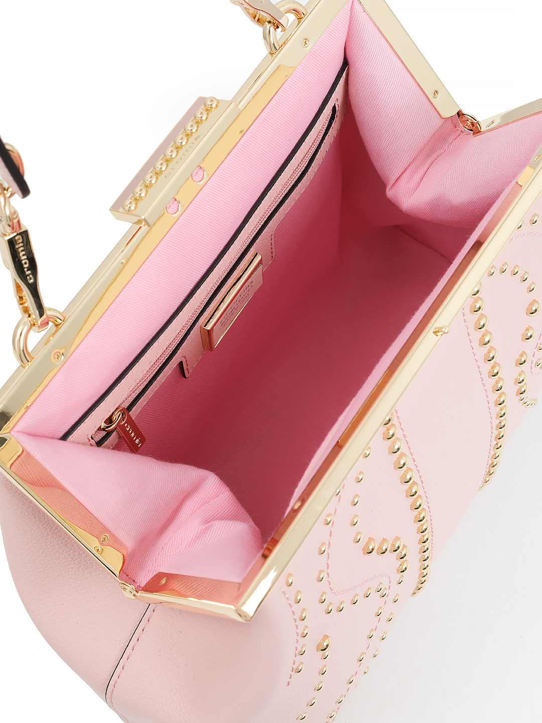 Сумка-саквояж квадратной формы с золотистыми клёпками от CROMIA в пудровом цвете