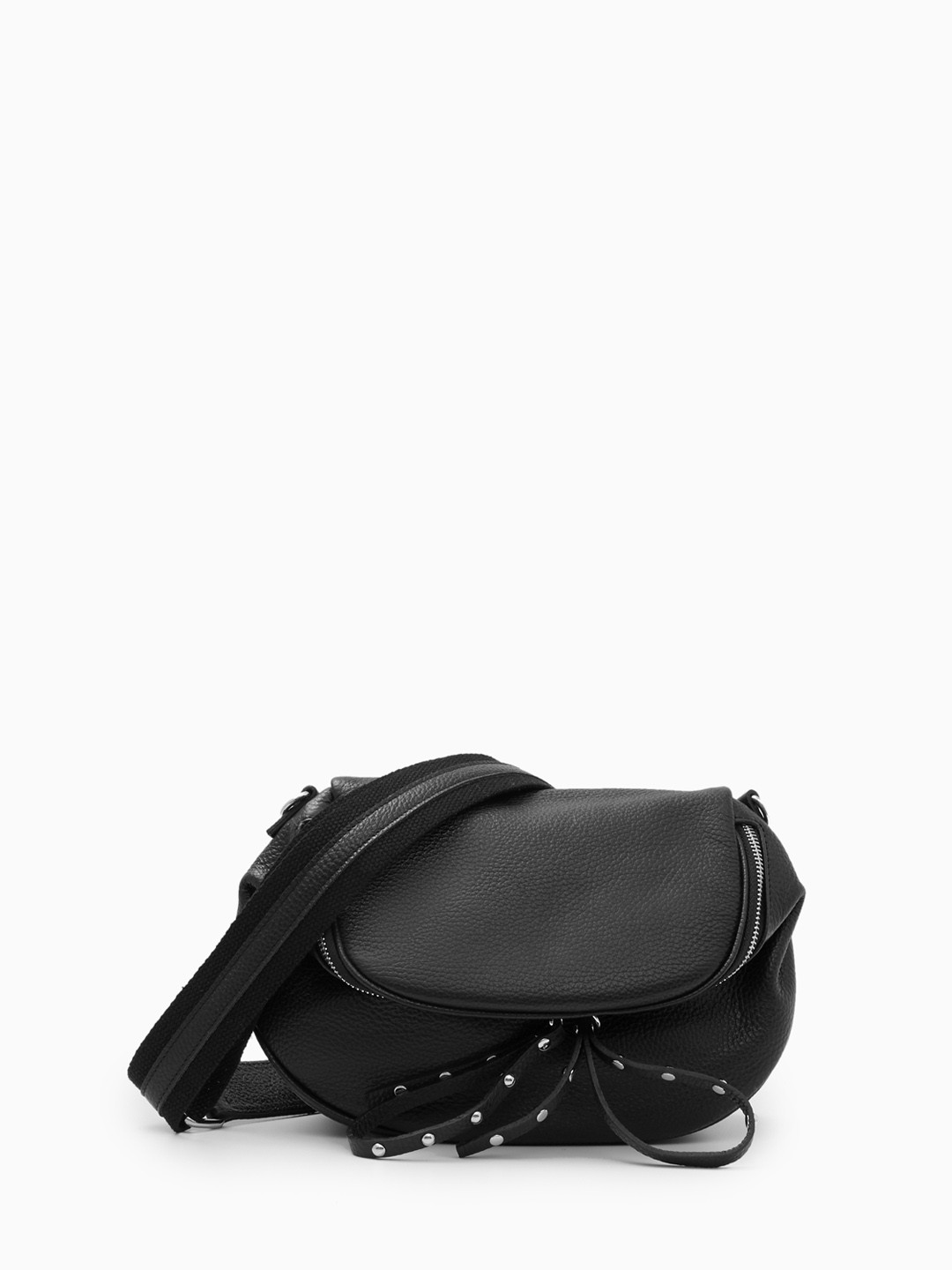 Полукруглая мягкая кросс-боди с длинными кожаными пуллерами с клёпками от FOLLE в чёрном цвете 