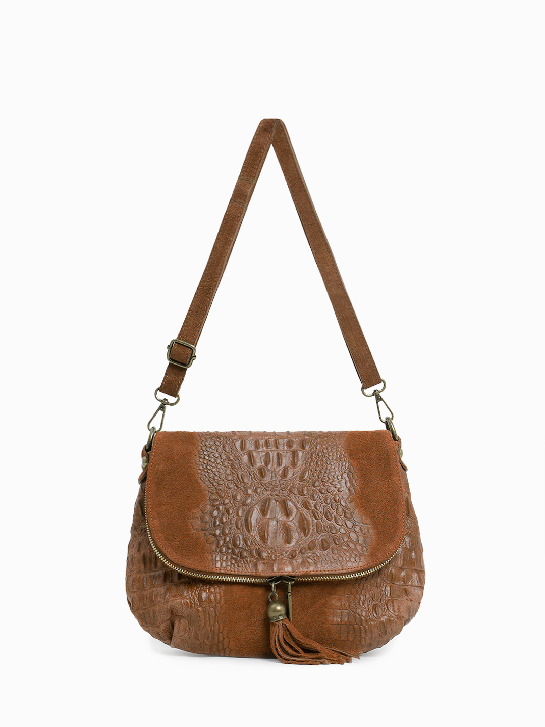 Замшевая кросс-боди с объёмным тиснением и фурнитурой под старину от FOLLE в рыжем цвете