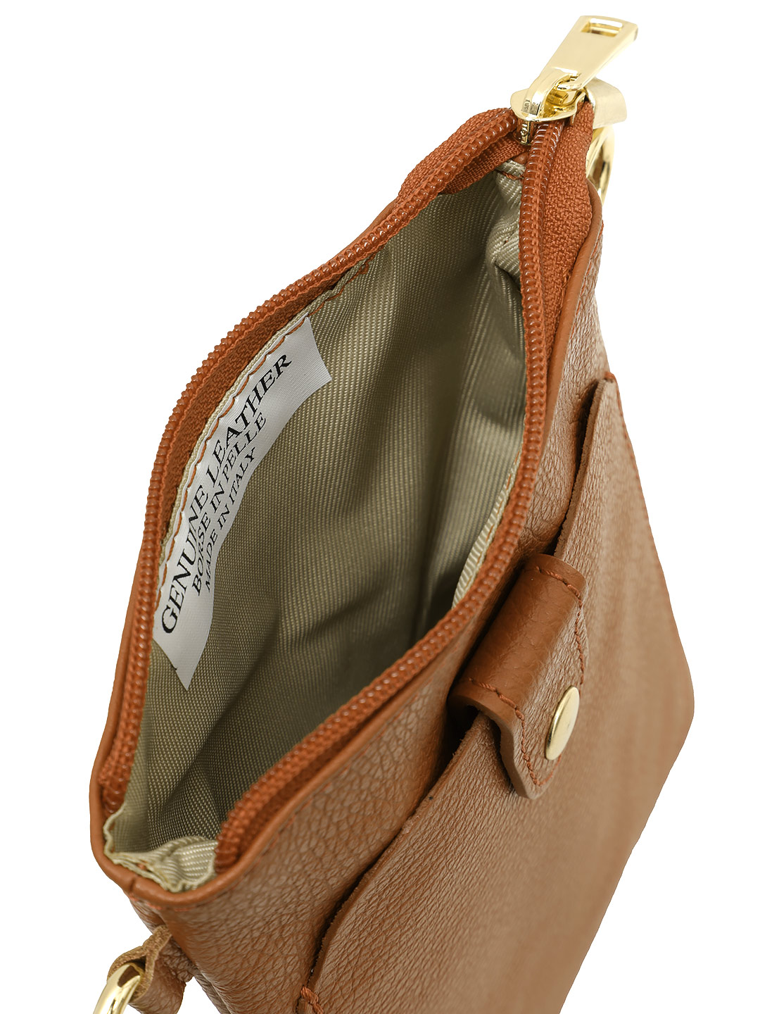 Сумка-телефонник с внешним карманом на кнопке от Folle из натуральной кожи рыжего цвета