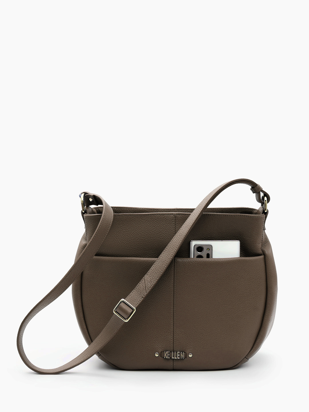 Полукруглая сумка через плечо с металлическими буквами KELLEN в шоколадном оттенке