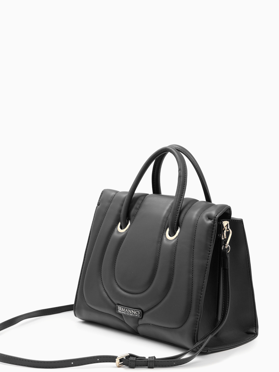 Сумка-тоут со строчкой и кожаной буквой Е от Ermanno Firenze в чёрном цвете