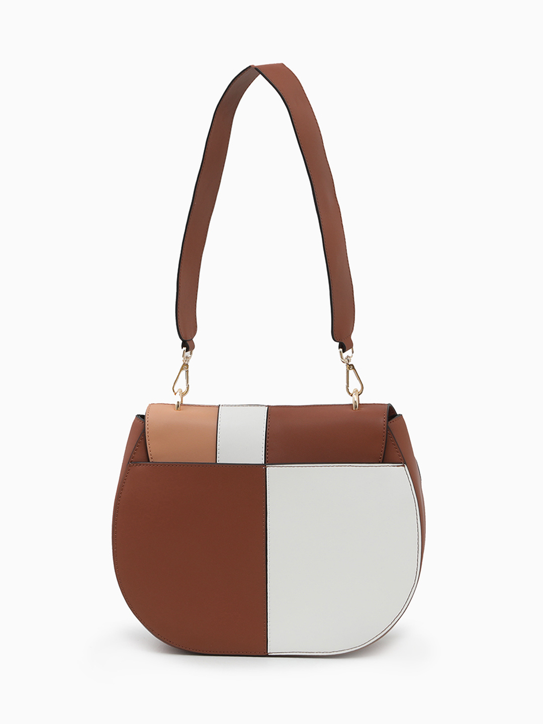 Полукруглая сумка в стиле колор-блок с золотистой плашкой CROMIA в ореховом оттенке