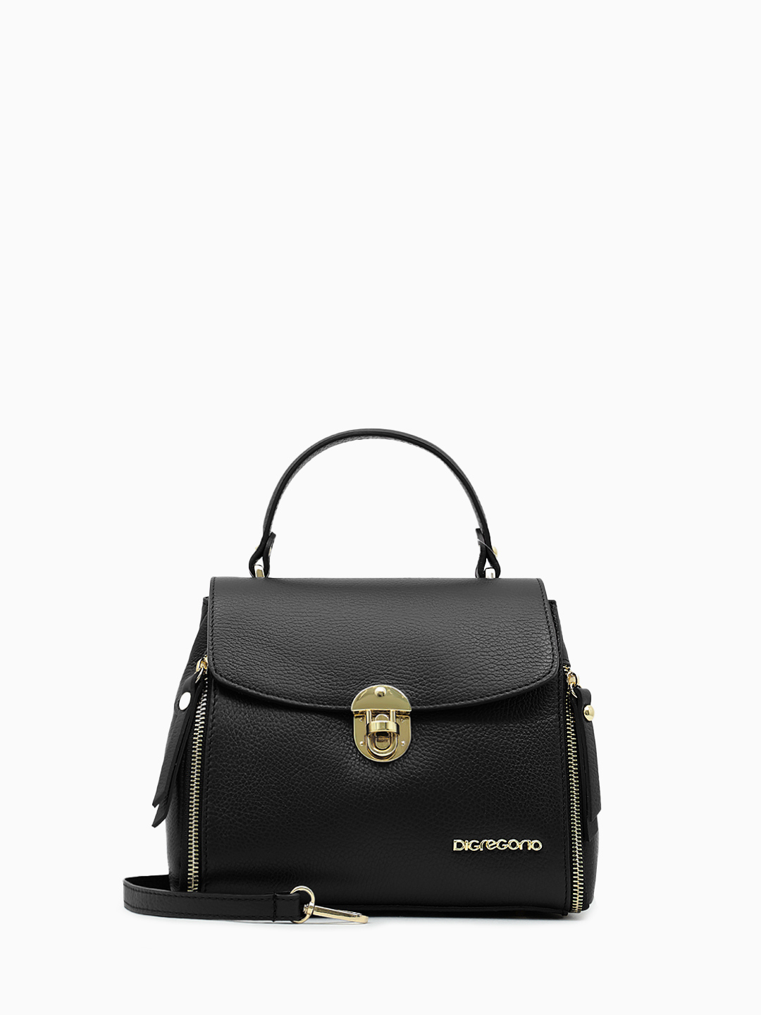 Сэтчел с поворотной фурнитурой и боковыми молниями от Di Gregorio в чёрном цвете