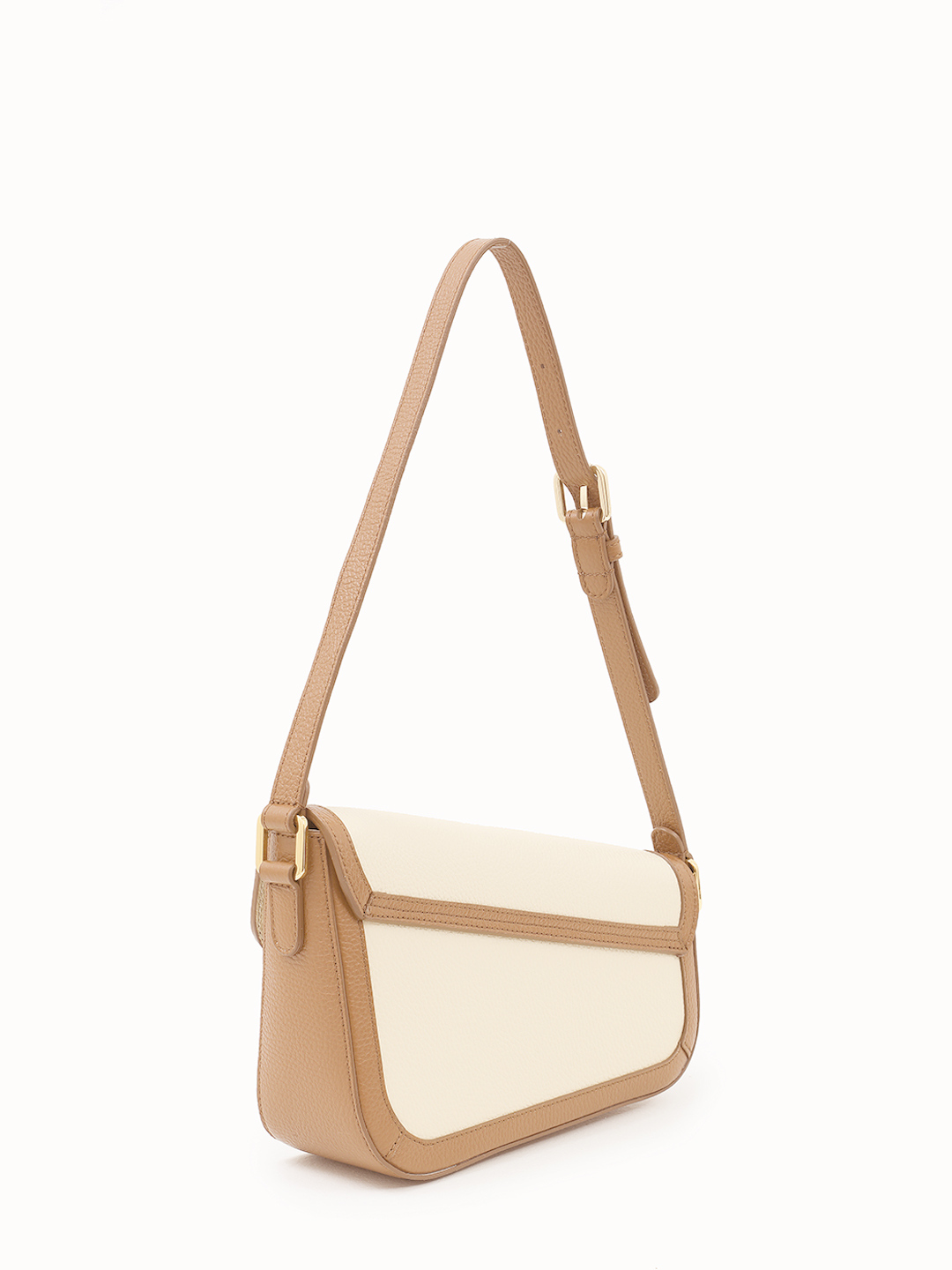 Ассиметричная сумка-багет с длинным плечевым ремнём от Di Gregorio в сочетании коричневого цвета и оттенка латте