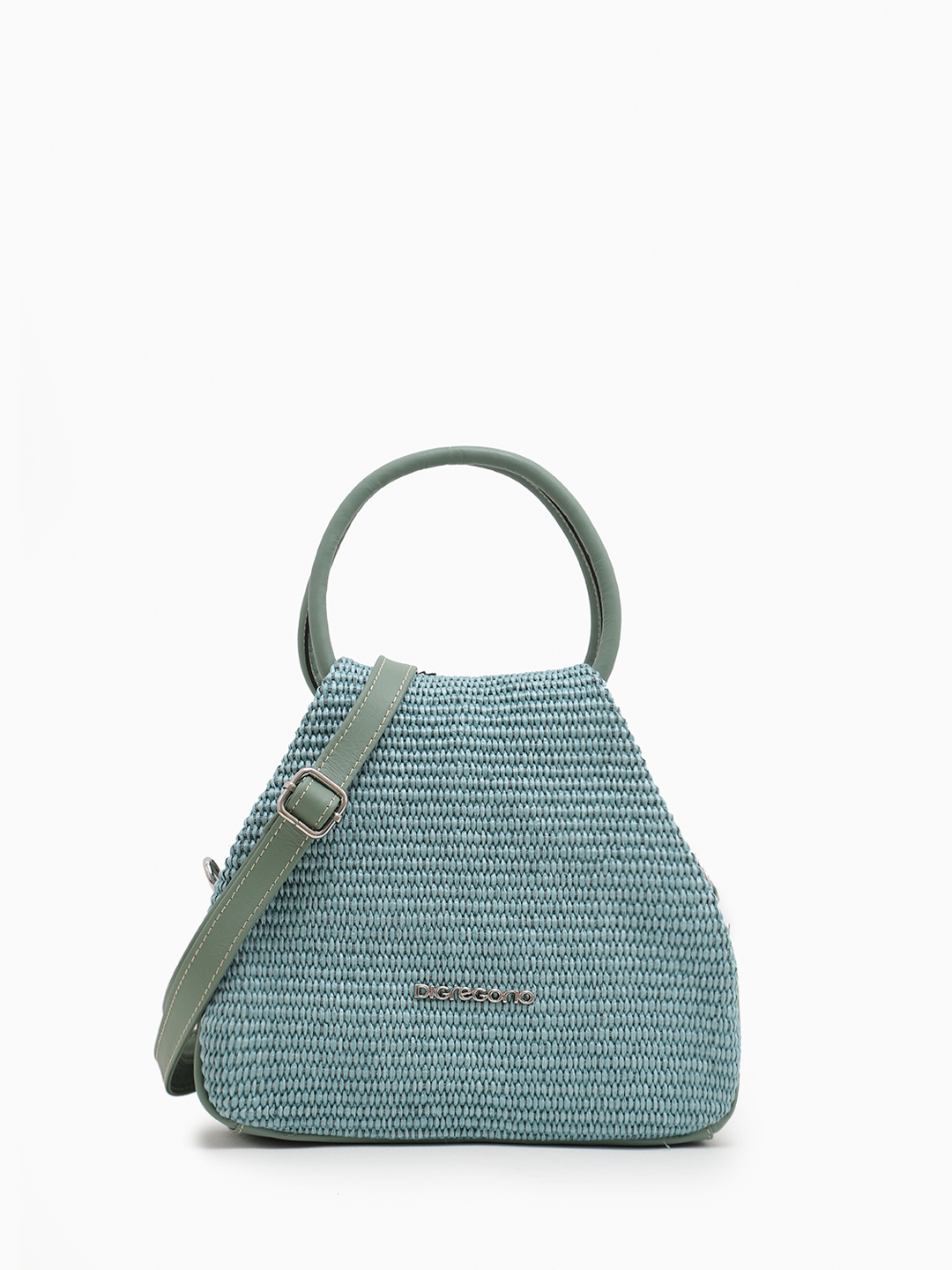 Сумка-капля с двумя круглыми ручками от Di Gregorio из рафии и натуральной кожи мятного оттенка