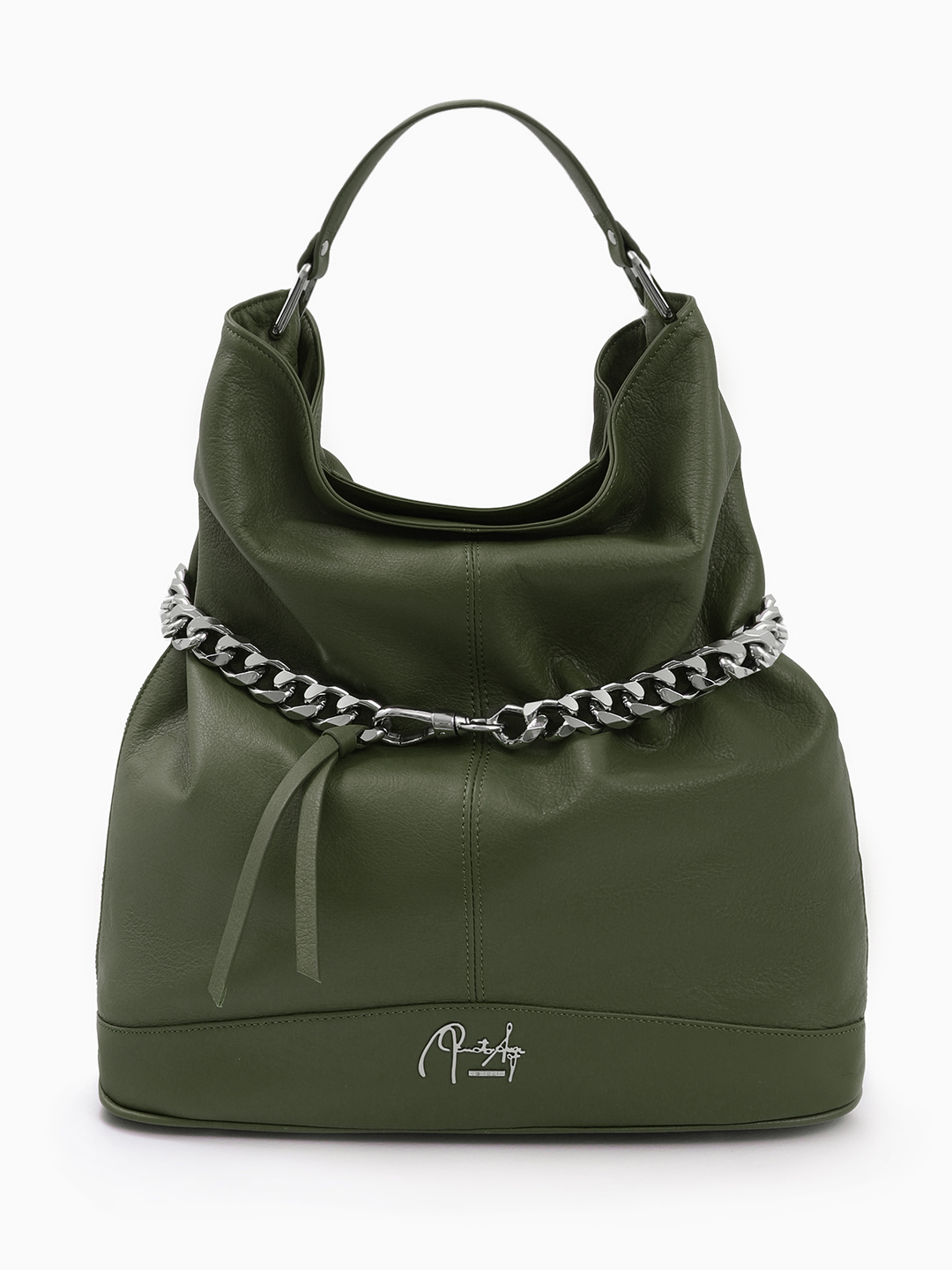 Сумка в форме кисета с декоративно-серебристой цепью от Renato Angi в оливковом оттенке