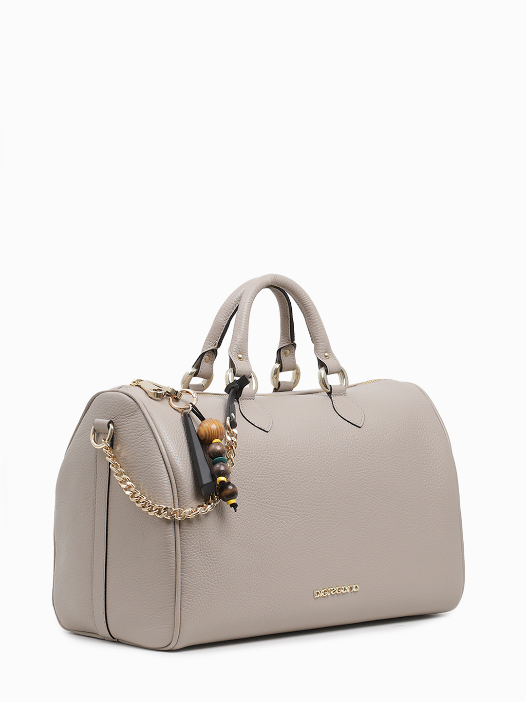 Сумка-боулер с цепью и брелком с твилли от Di Gregorio в размере L оттенка тауп