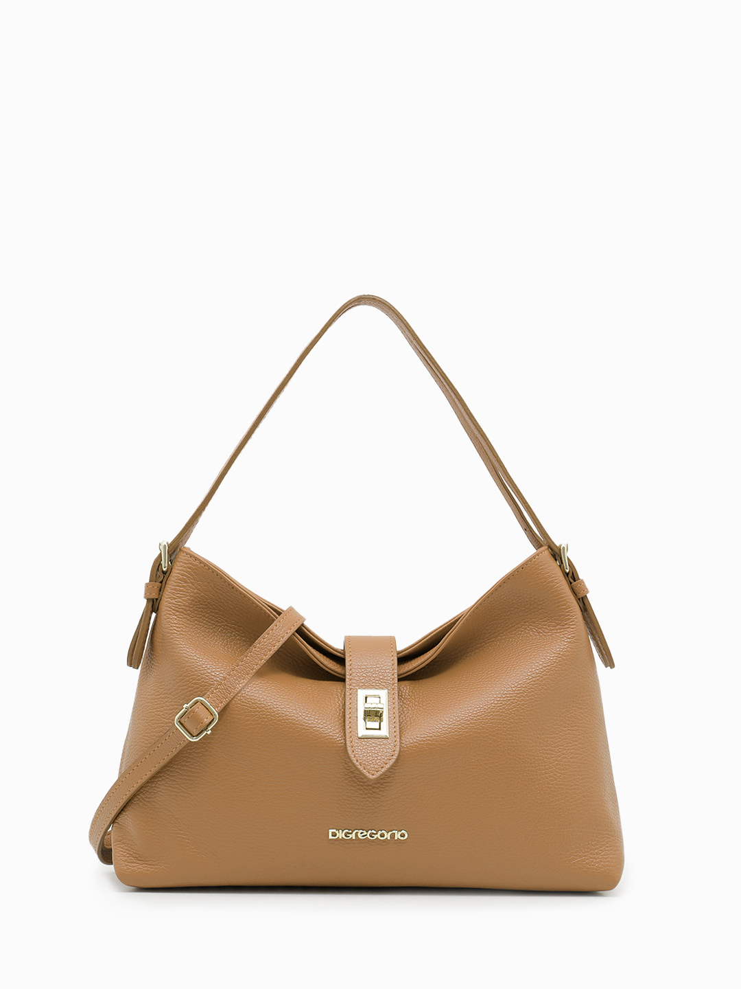 Компактный мешок с хлястиком на поворотной фурнитуре от Di Gregorio в карамельном цвете