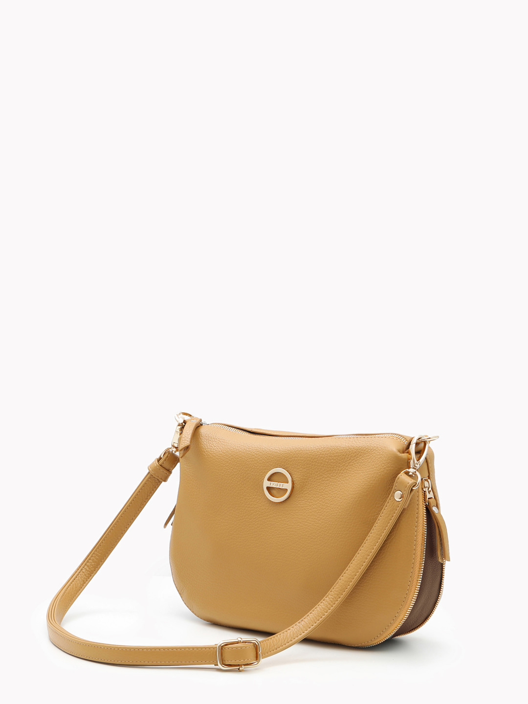 Кросс-боди на плечо с металлическим логотипом FOLLE в горчичном оттенке с шоколадной отделкой