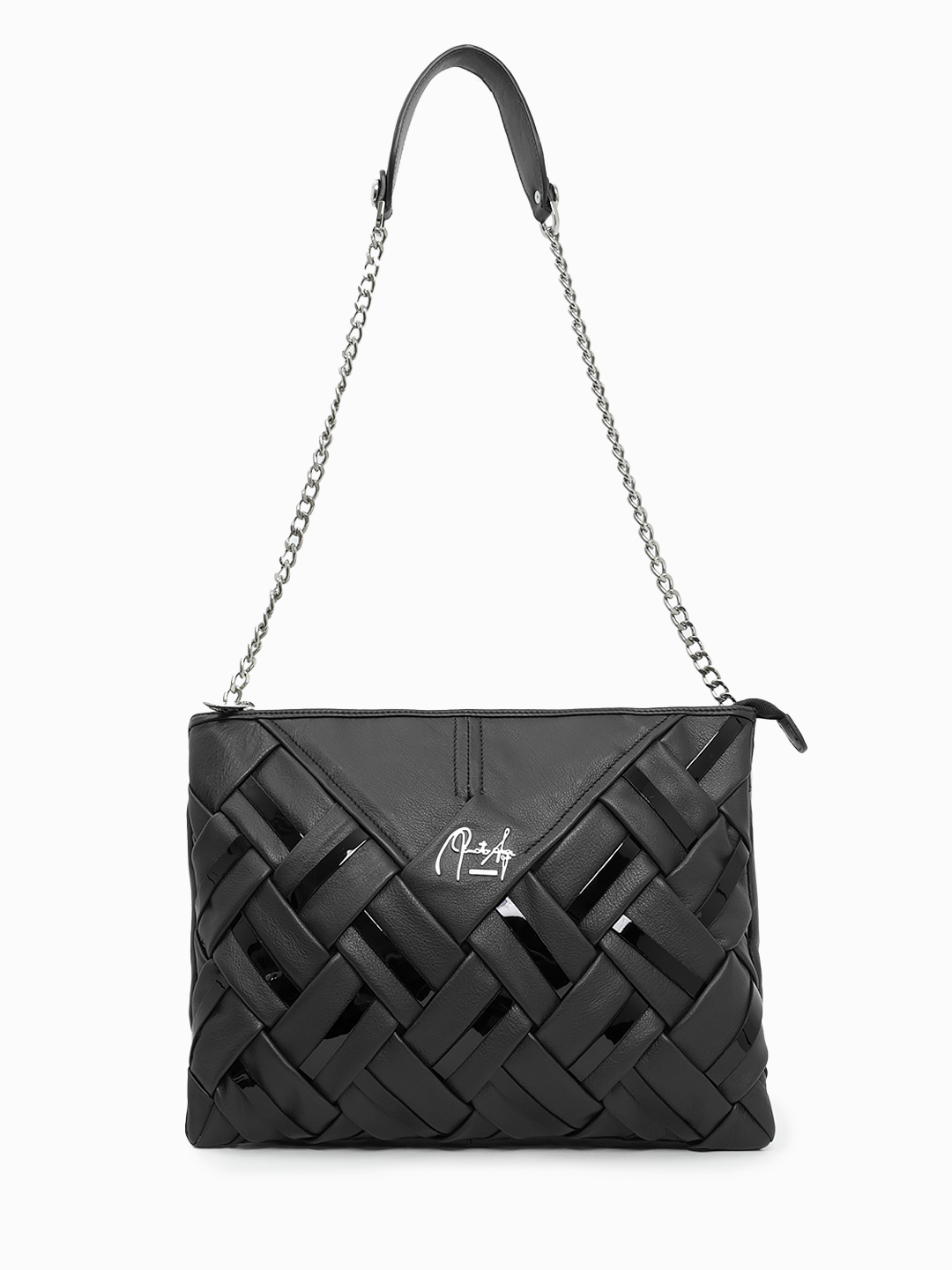 Прямоугольная сумка на плечо от Renato Angi с плетением зернистой и лаковой кожи в чёрном цвете