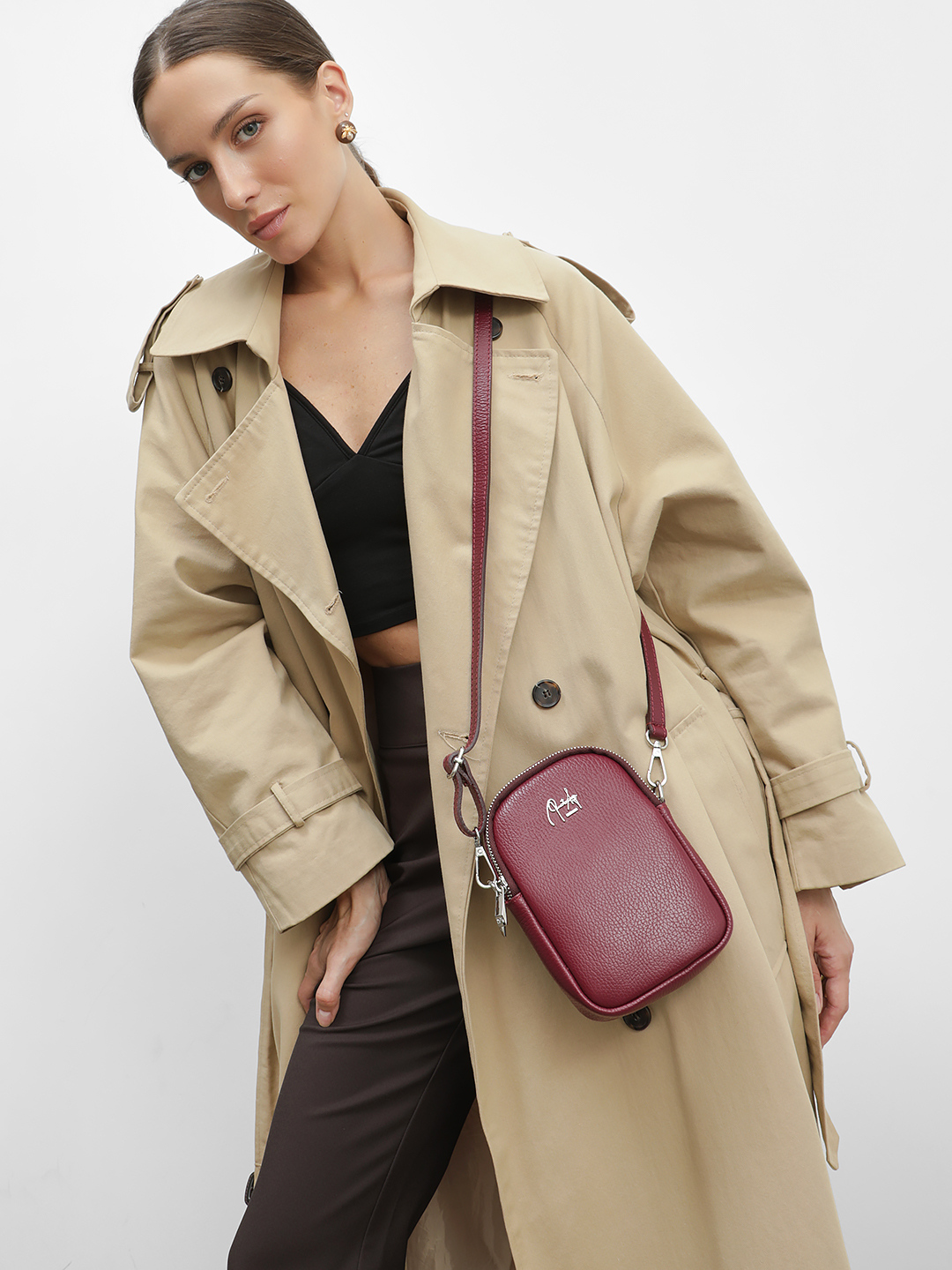 Мини-сумка для телефона с двумя отделениями на молнии от Renato Angi бордового цвета