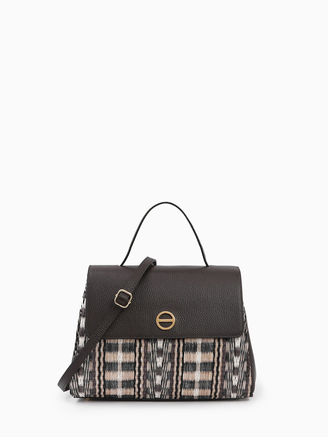 Сэтчел-трапеция с круглой фурнитурой от FOLLE из соломки рафии и натуральной кожи коричневого оттенка