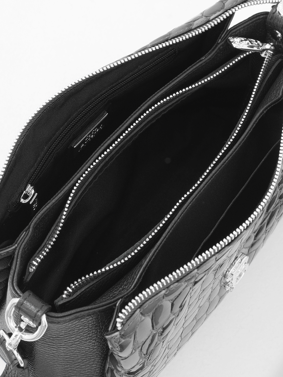 Кросс-боди из натуральной лаковой кожи под рептилию с металлическим логотипом Sara Burglar в сером цвете