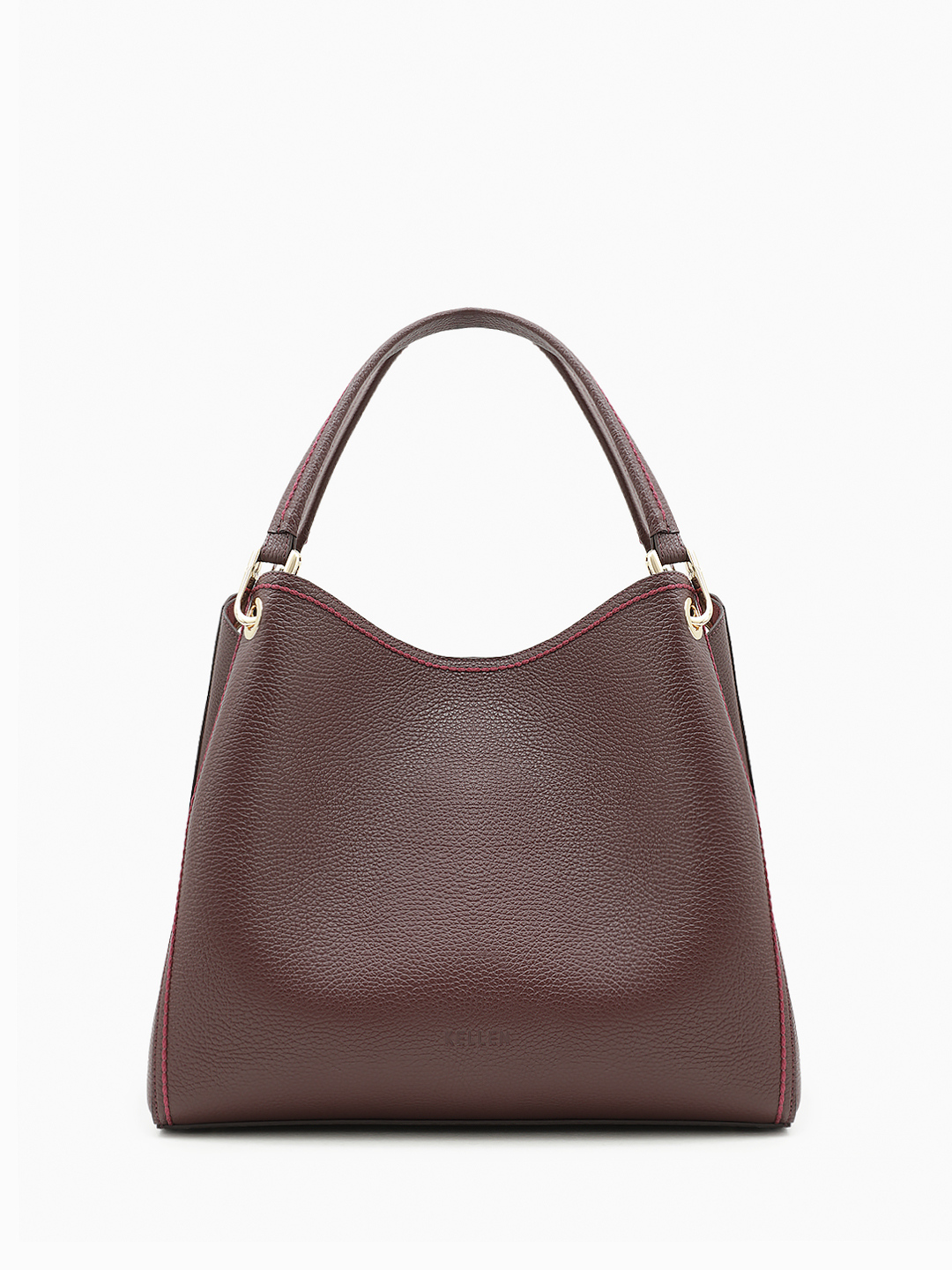 Тоут из натуральной кожи бордового цвета с золотистой фурнитурой и тиснёным логотипом KELLEN