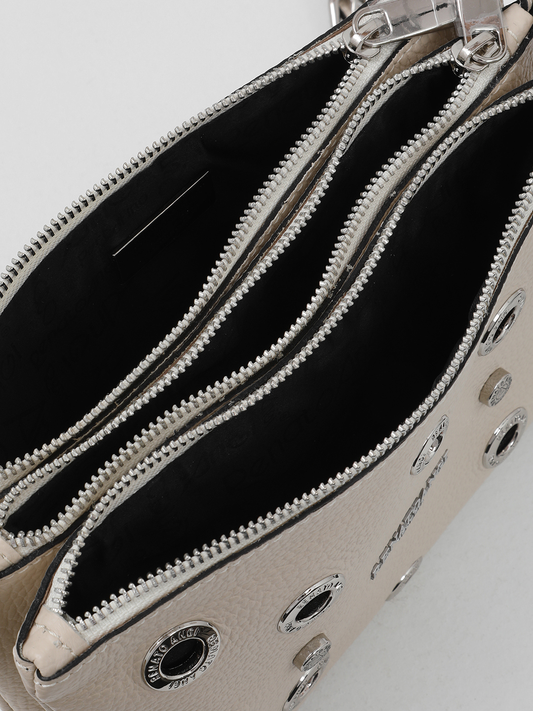 Бежевая кросс-боди с серебристыми люверсами от Renato Angi