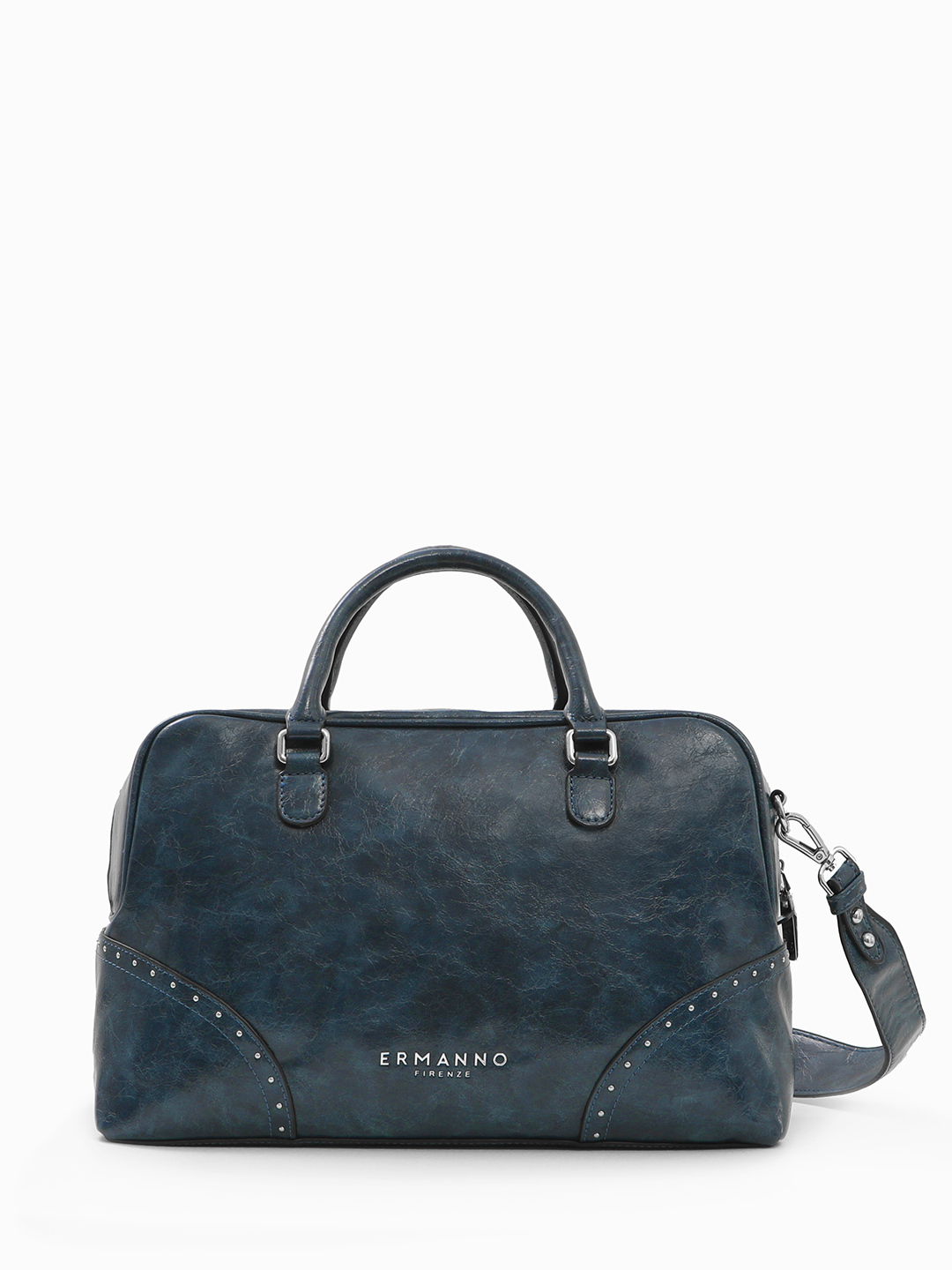 Сумка-боулер с металлическими клёпками и крупной монограммой ERMANNO FIRENZE в тёмно-синем оттенке