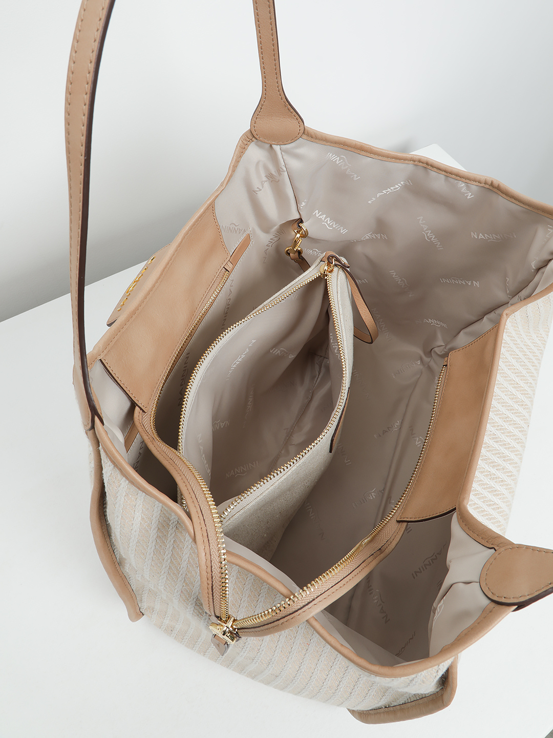 Сумка-шоппер с дополнительной косметичкой с логотипом NANNINI бежевого оттенка