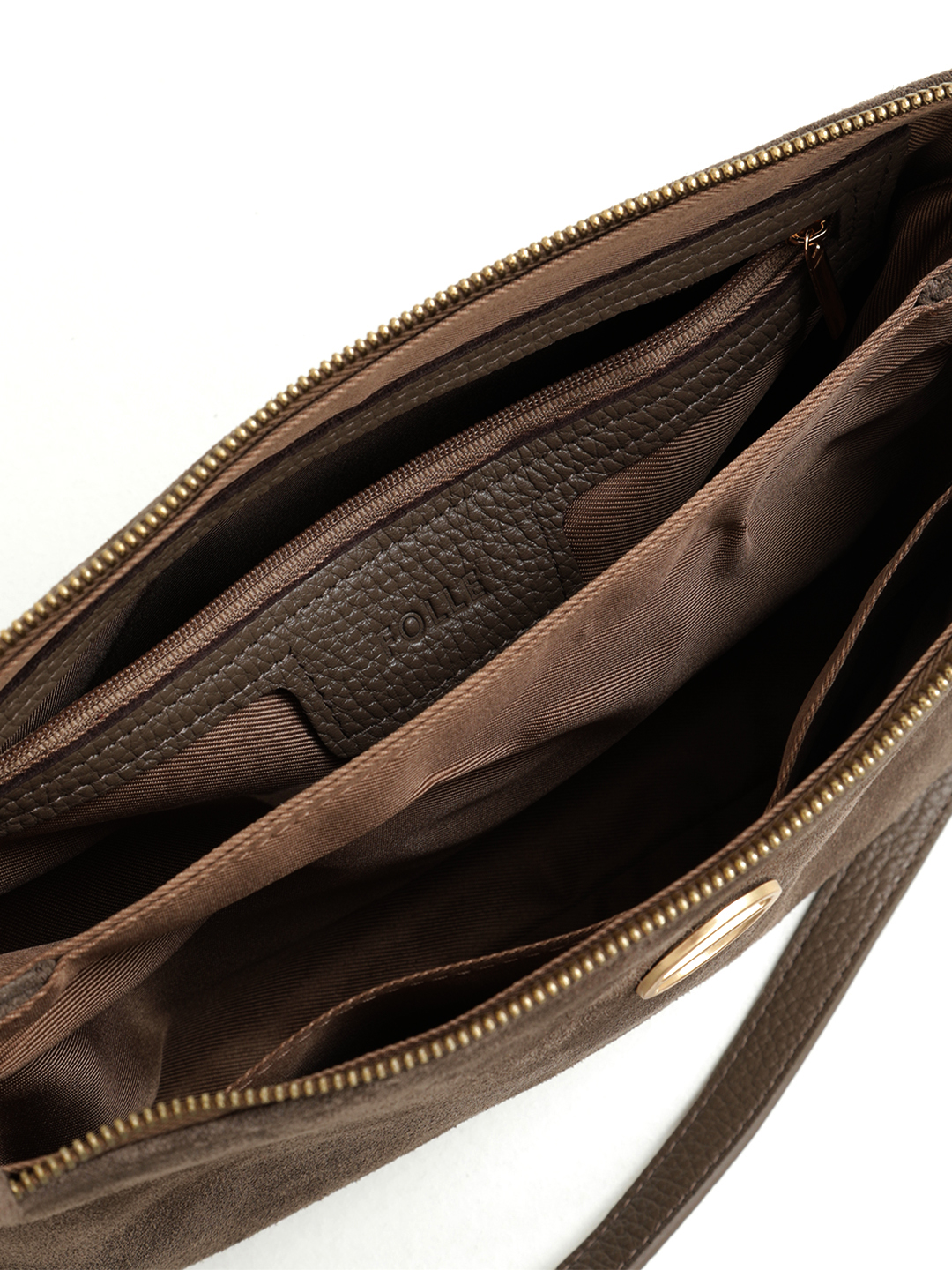 Сумка-клатч от FOLLE с оборками по бокам из натуральной замши в шоколадном оттенке