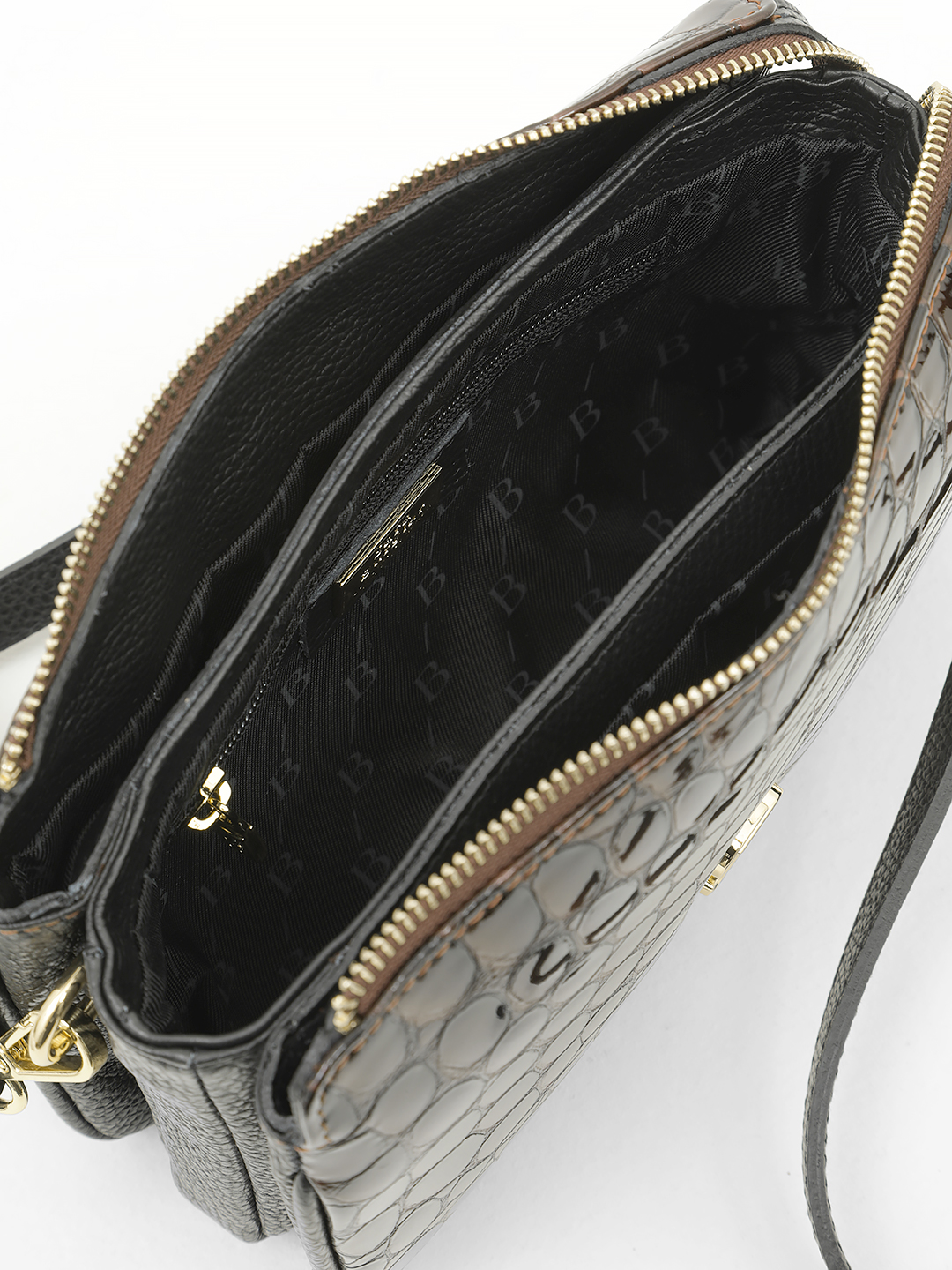 Сумка кросс-боди от Sara Bulglar прямоугольной формы из натуральной лаковой кожи шоколадного цвета 