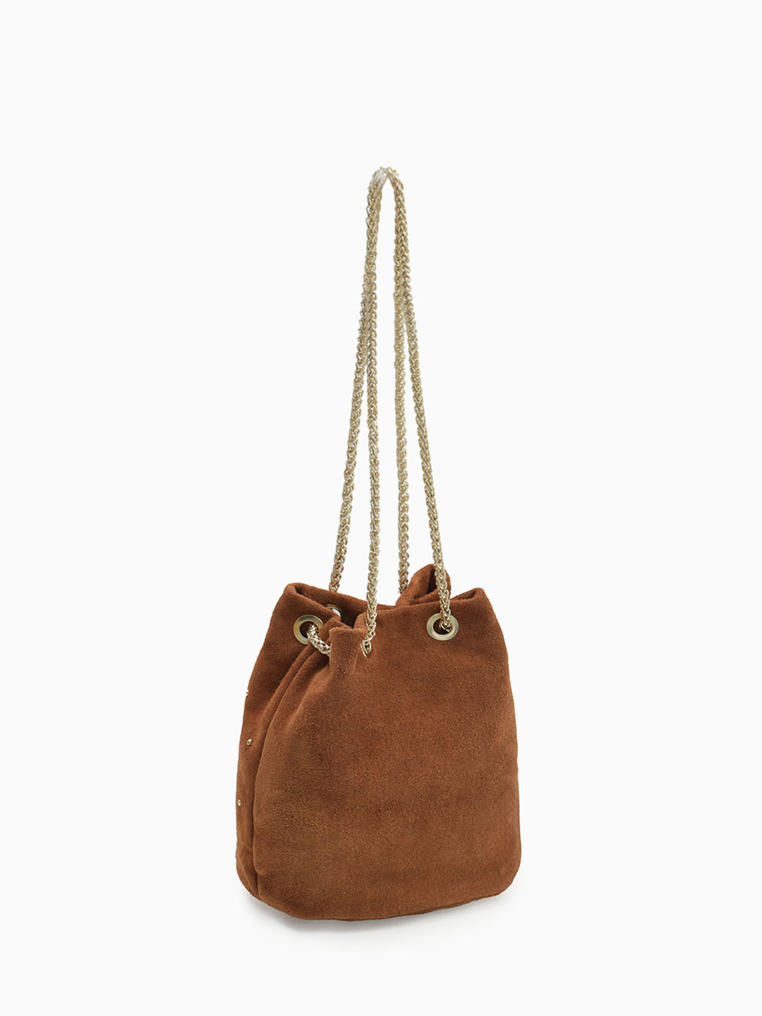 Сумка-кисет с россыпью клепок от бренда FOLLE в рыжей замше