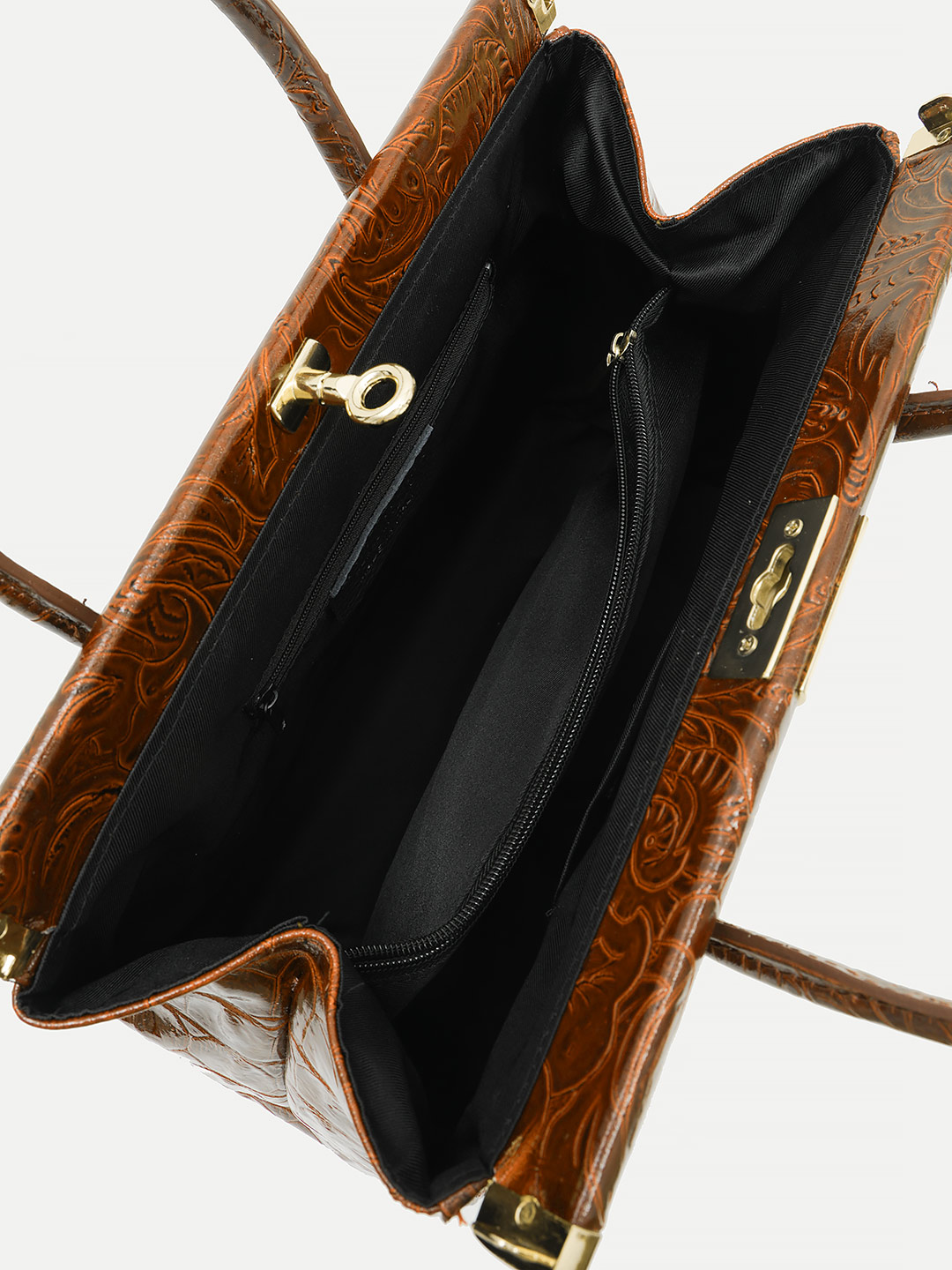 Женская сумка-саквояж от Folle из лаковой кожи под крокодила с цветочным тиснением рыжего оттенка