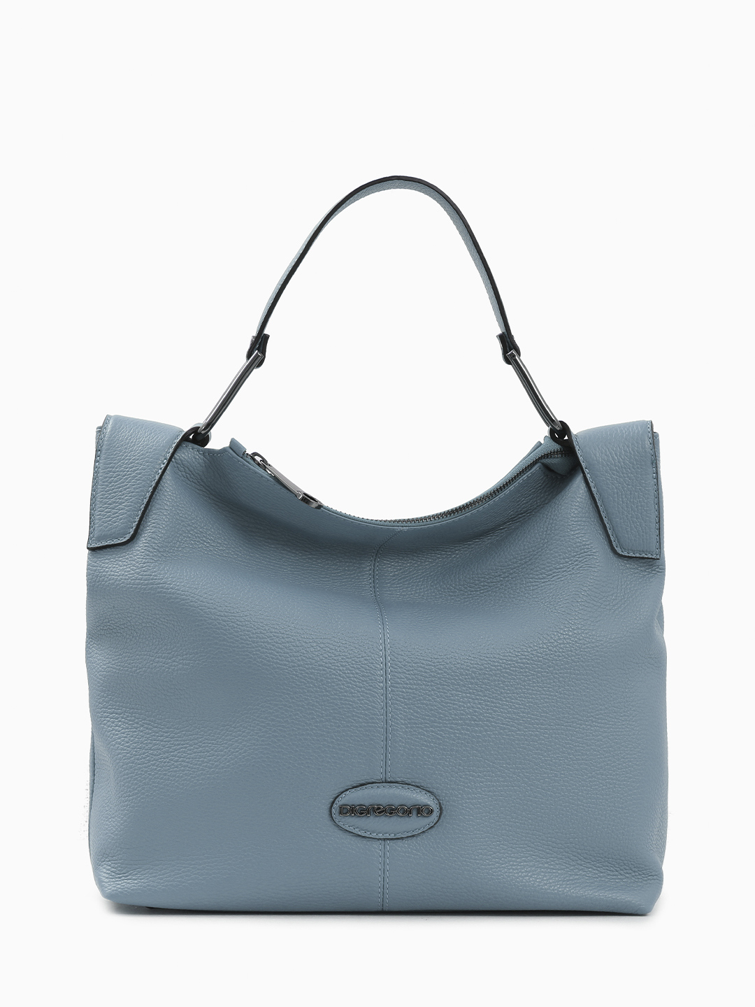 Сумка с круглой пряжкой и металлическими буквами Di Gregorio серо-голубого оттенка avio