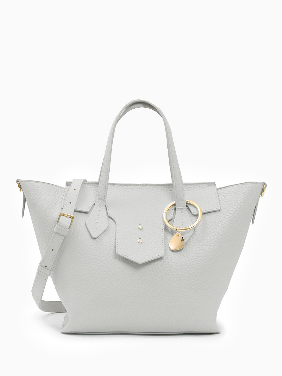 Светло-серая сумка-трапеция AELITA с круглым брелоком и тиснёным логотипом KELLEN