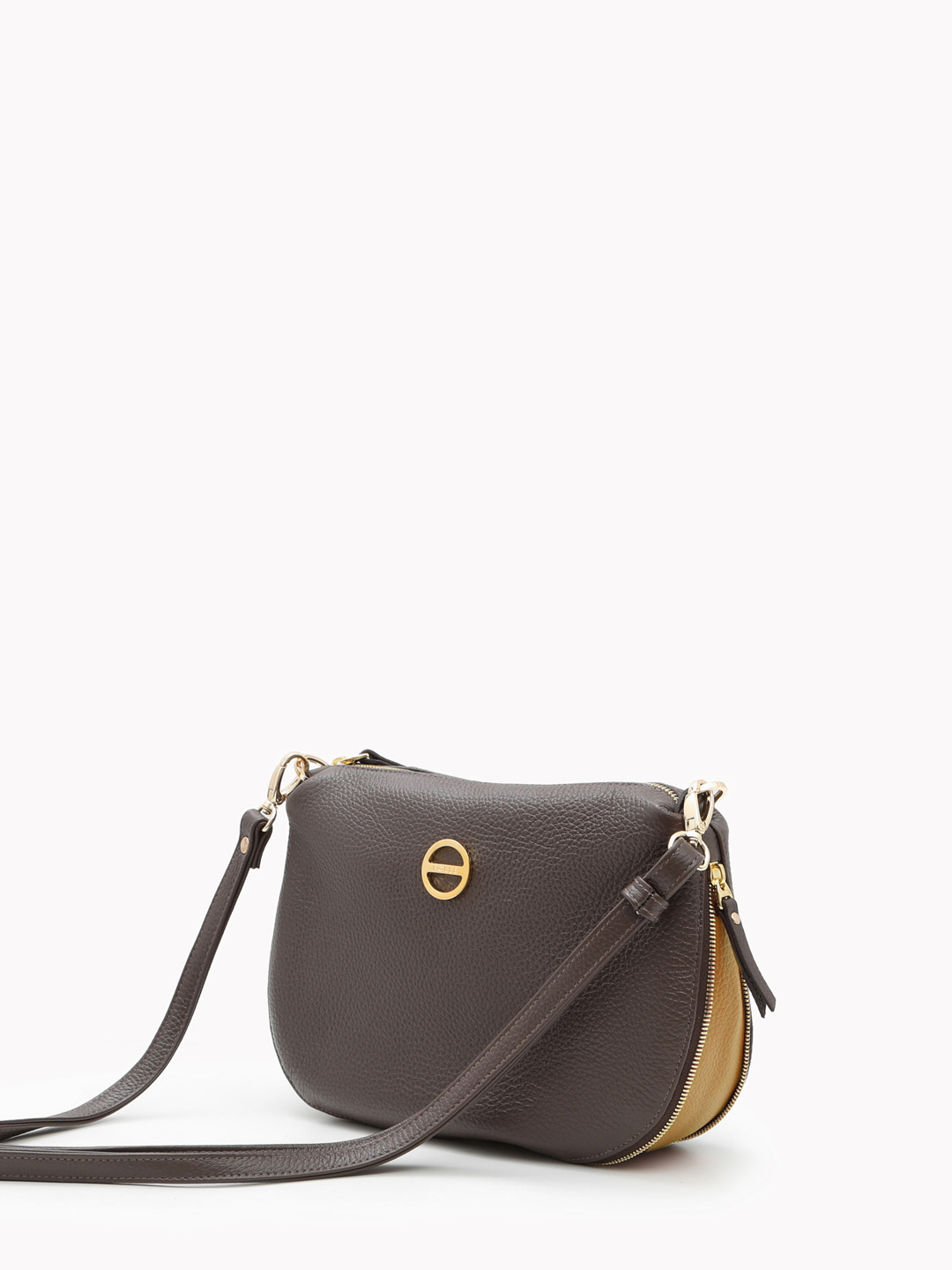 Кросс-боди на плечо с металлическим логотипом FOLLE в шоколадном оттенке с горчичной отделкой 