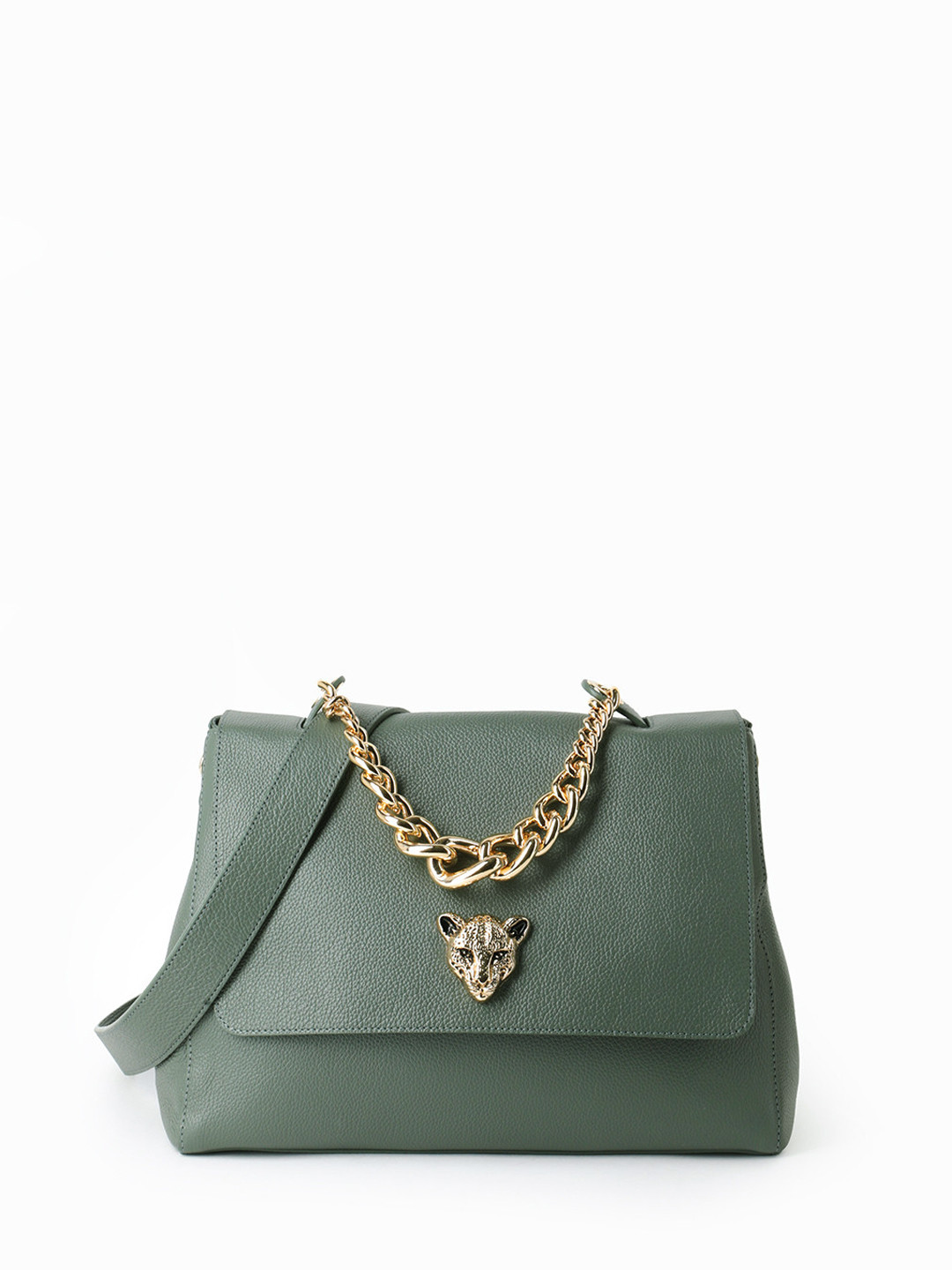 Cэтчел с массивной золотистой цепью и головой леопарда от KELLEN в оттенке милитари