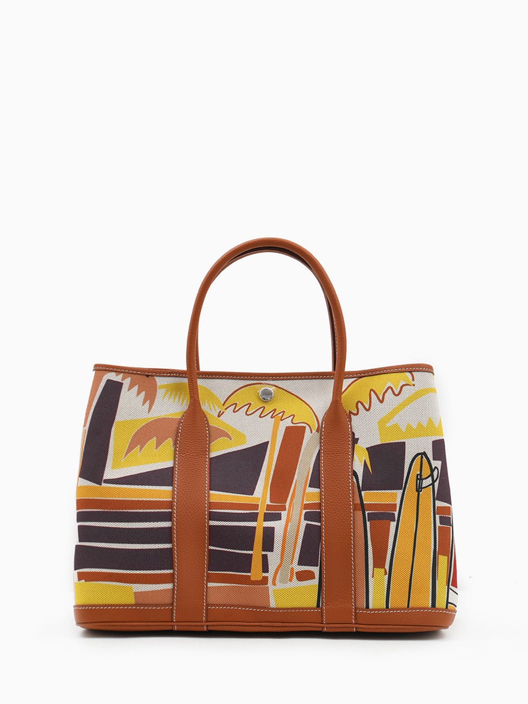 Сумка-шоппер с принтом морского пейзажа от IVORY из кожи и текстиля рыжего оттенка
