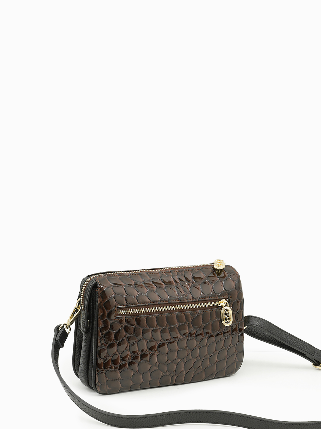 Сумка кросс-боди от Sara Bulglar прямоугольной формы из натуральной лаковой кожи шоколадного цвета 