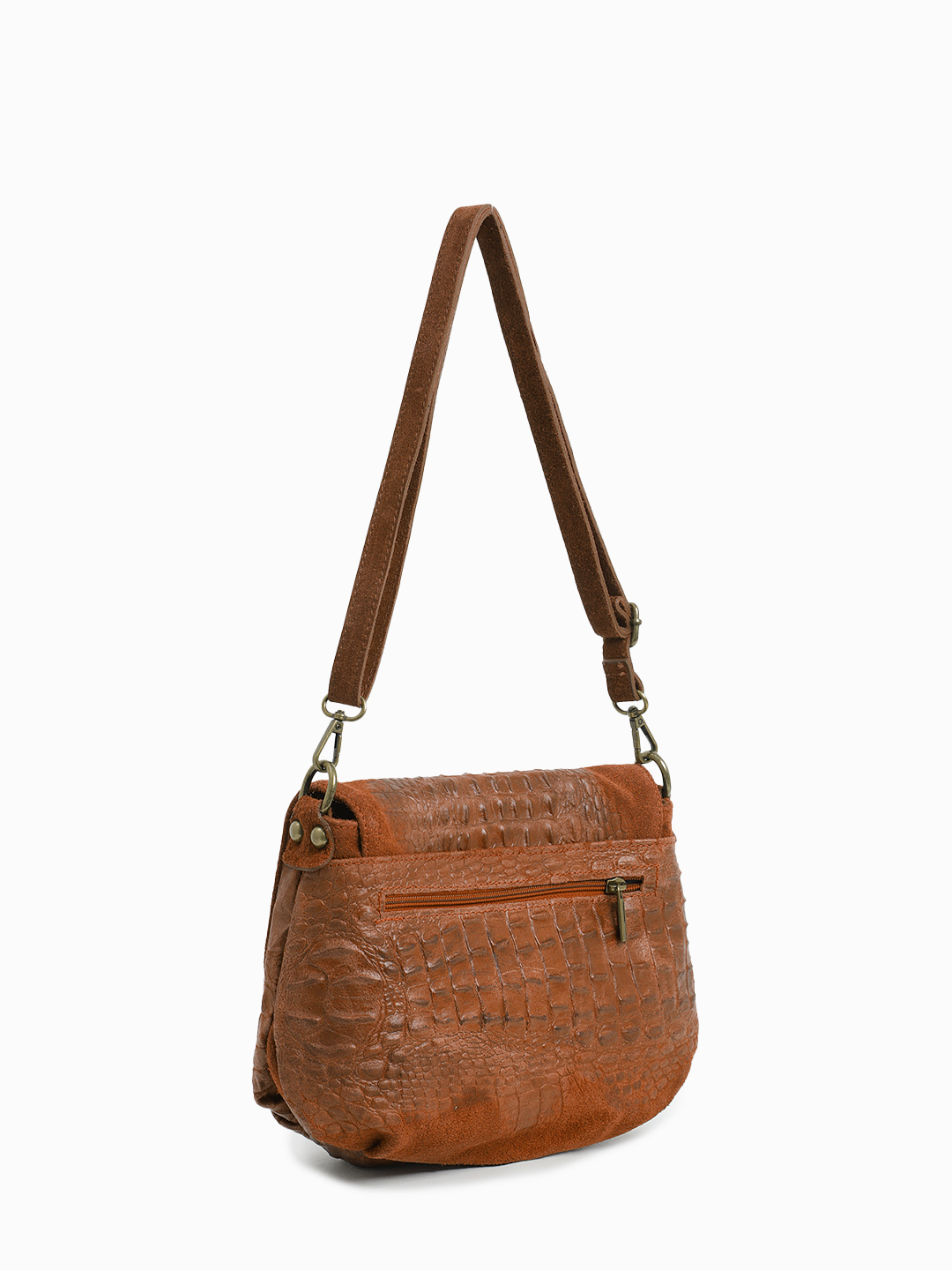 Замшевая кросс-боди с объёмным тиснением и фурнитурой под старину от FOLLE в рыжем цвете