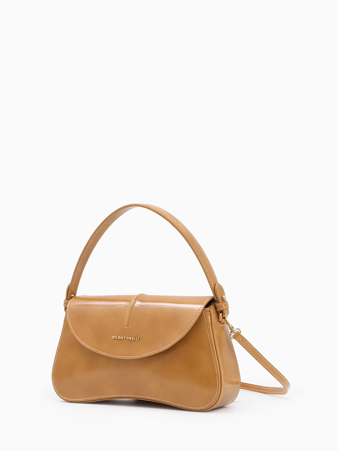 Сумка-багет с изогнутым дном и золотистой фурнитурой от Gilda Tonelli горчичного оттенка