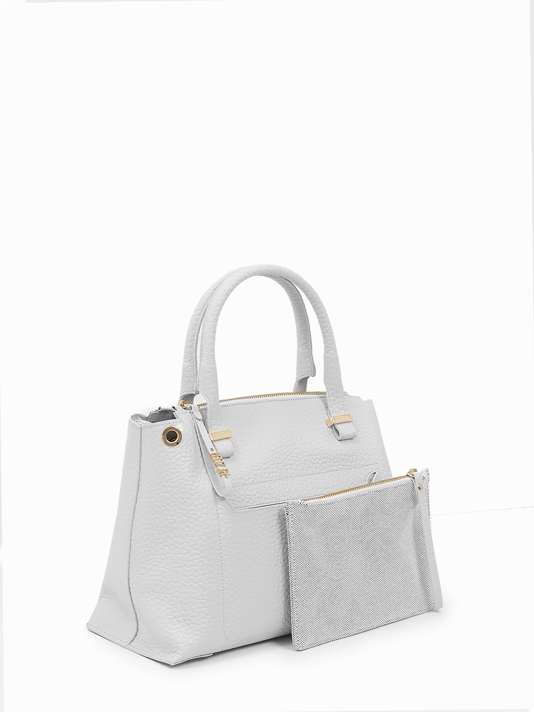 Сумка-тоут с дополнительной сумкой-косметичкой на карабине от KELLEN из крупнозернистой кожи светло-серого оттенка